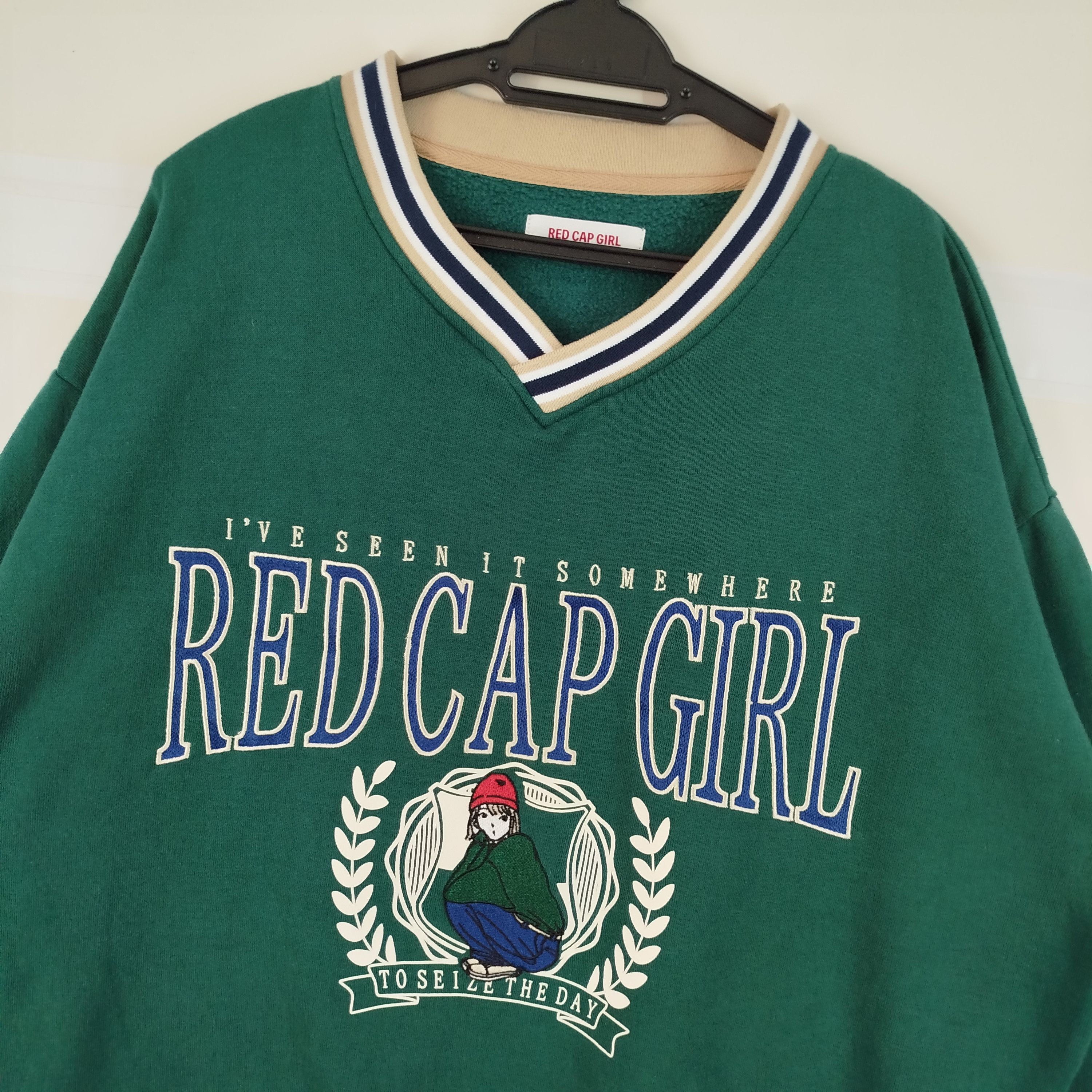Japanese Brand Red Cap Girl Embroidery Big Logo V Roundneck Vintage Style Size US XL / EU 56 / 4 - 2 Thumbnail