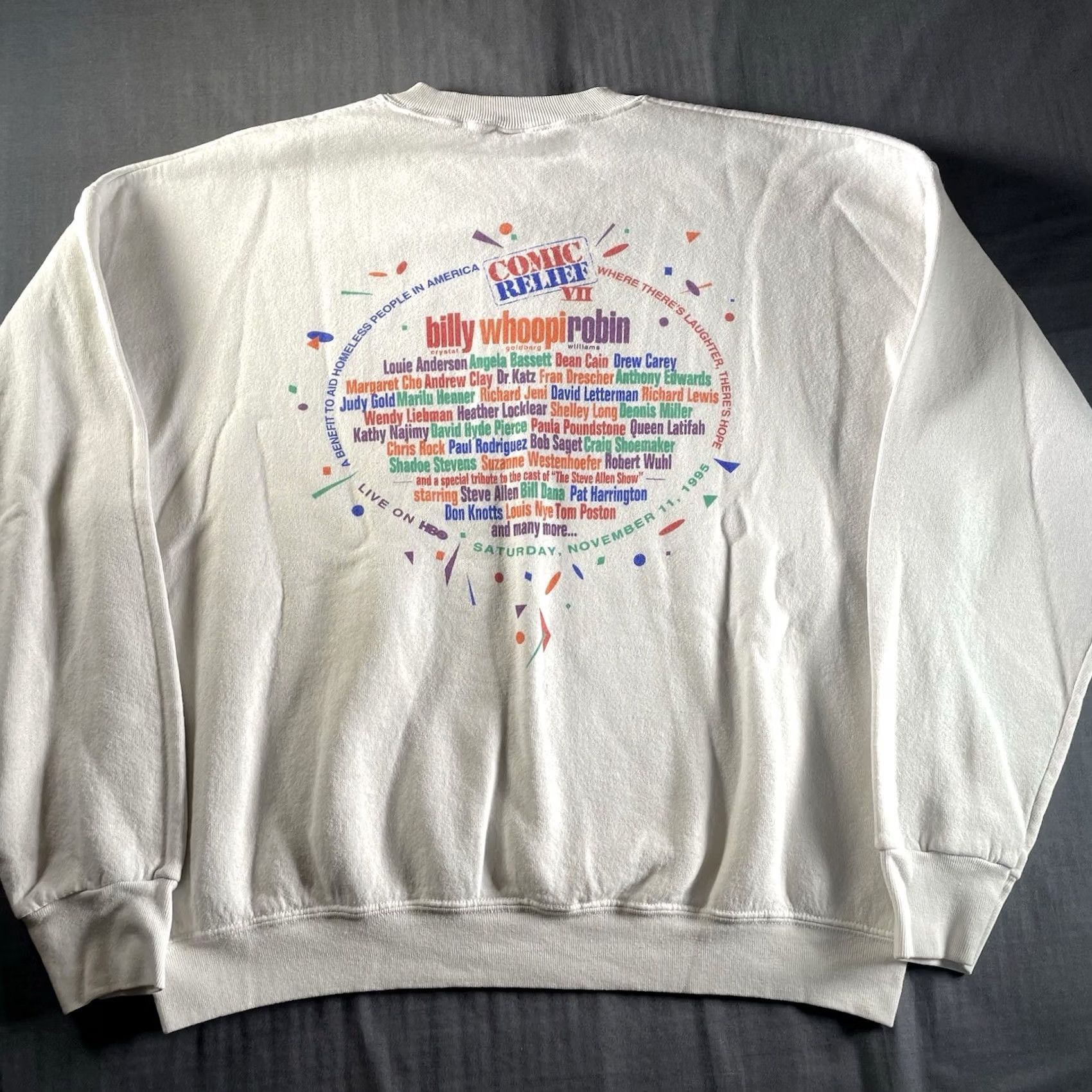 Vintage VINTAGE Robin Williams Pullover Sweatshirt XL White Crew Neck Comic Relief 1995 Mens Size US XL / EU 56 / 4 - 5 Thumbnail