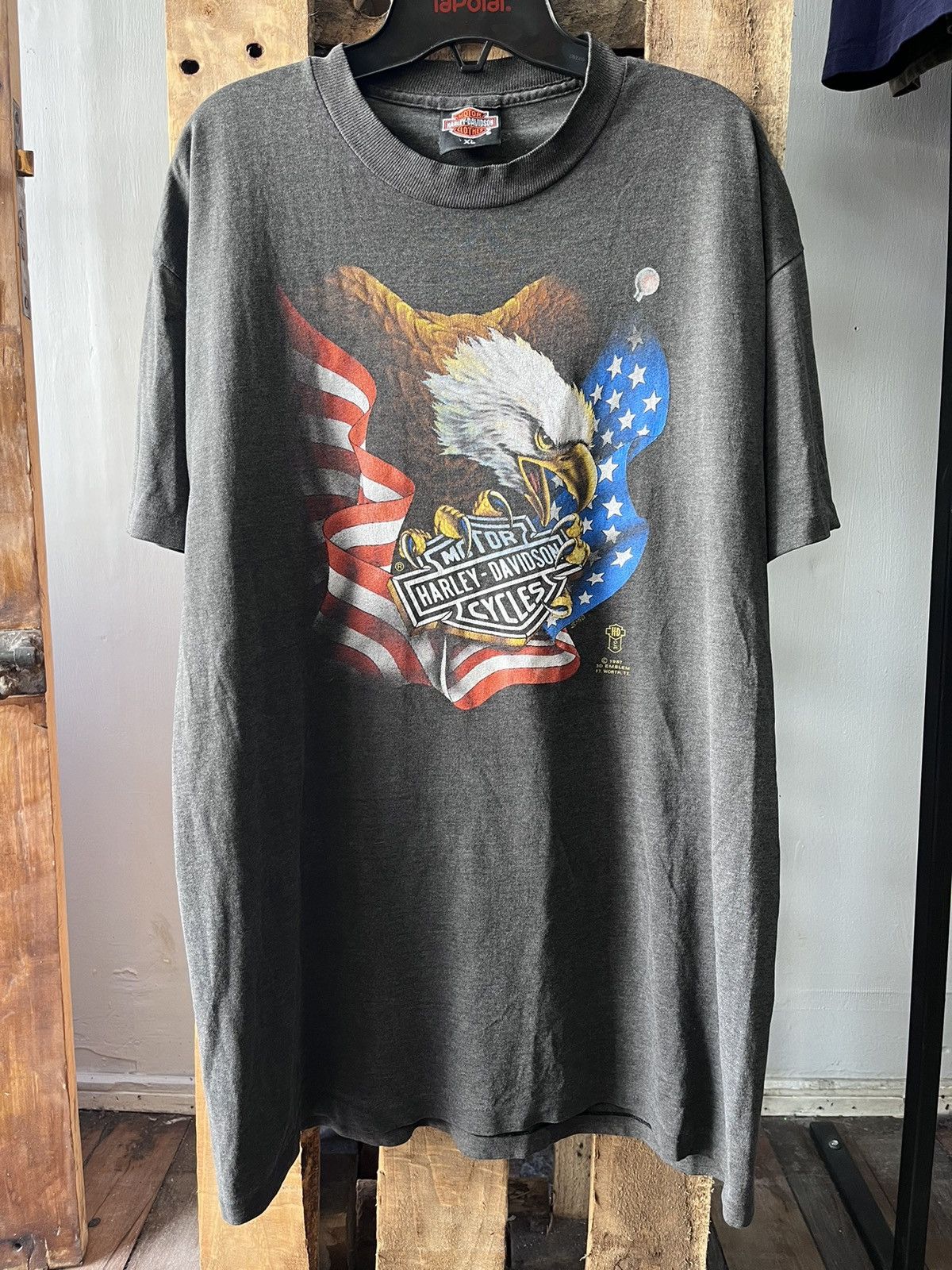 image of Vintage 1987 3Demblem Harley Davidson Eagle Usa Flag T Shirt in Faded Black, Men's (Size XL)