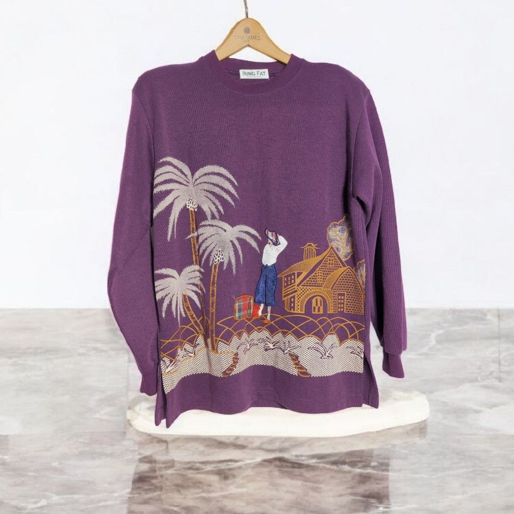Designer Ornate Tropical Vacation Scene Purple Sweater w Satin Accen Size L / US 10 / IT 46 - 1 Thumbnail