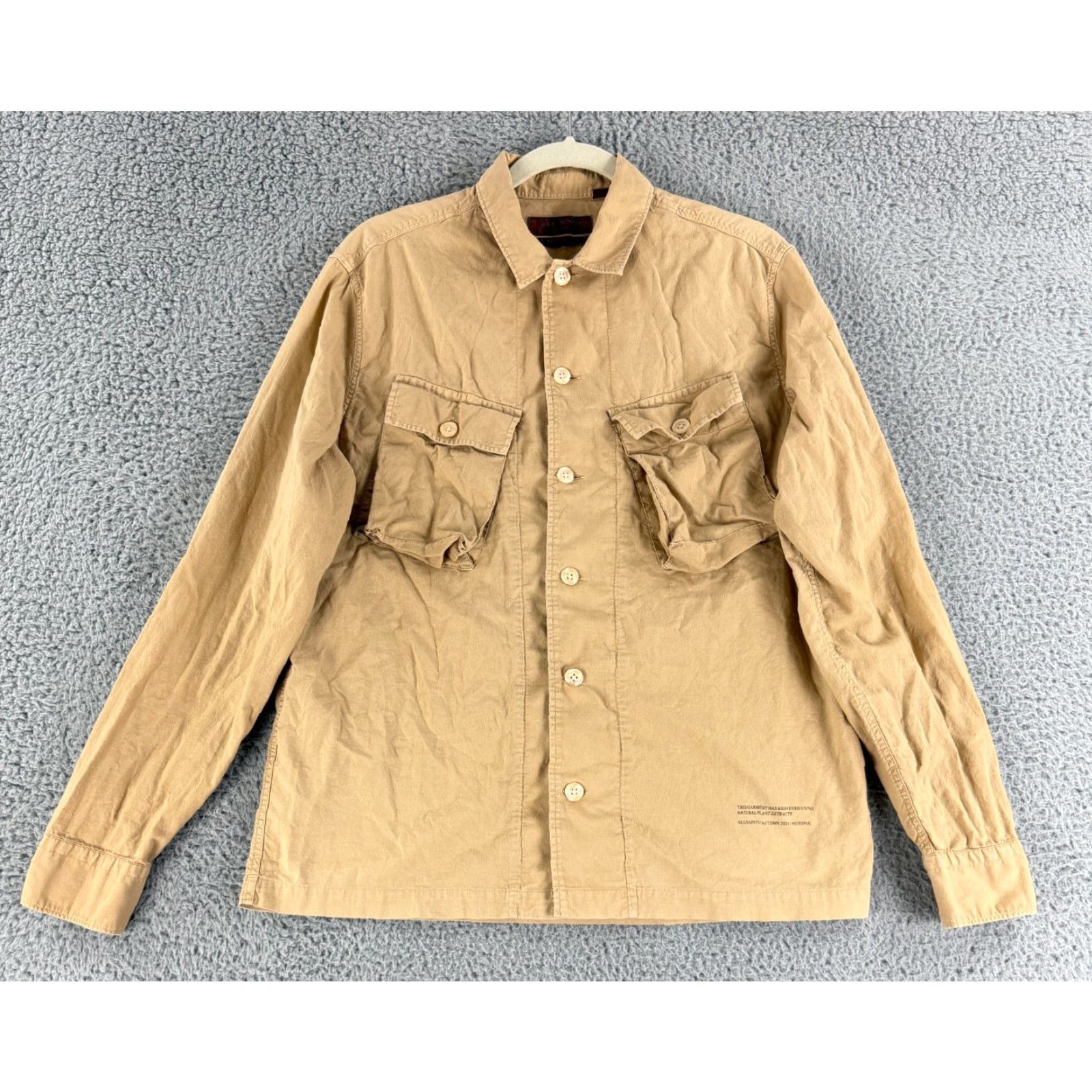 Allsaints AllSaints Strathmoor Button-Up Utility Shirt Mens Small Relaxed Fit Long Sleeve Brown Cotton Regular Pattern Solid Col Size US S / EU 44-46 / 1 - 2 Thumbnail