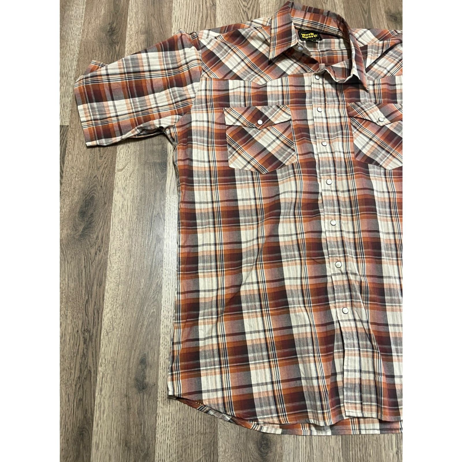 Vintage WorkN'Sport Shirt, Men’s XL Tall, Button Up, Plaid, Short Sleeve, Brown Orange, Casual, Regular, Vintage? No Size US XL / EU 56 / 4 - 3 Thumbnail