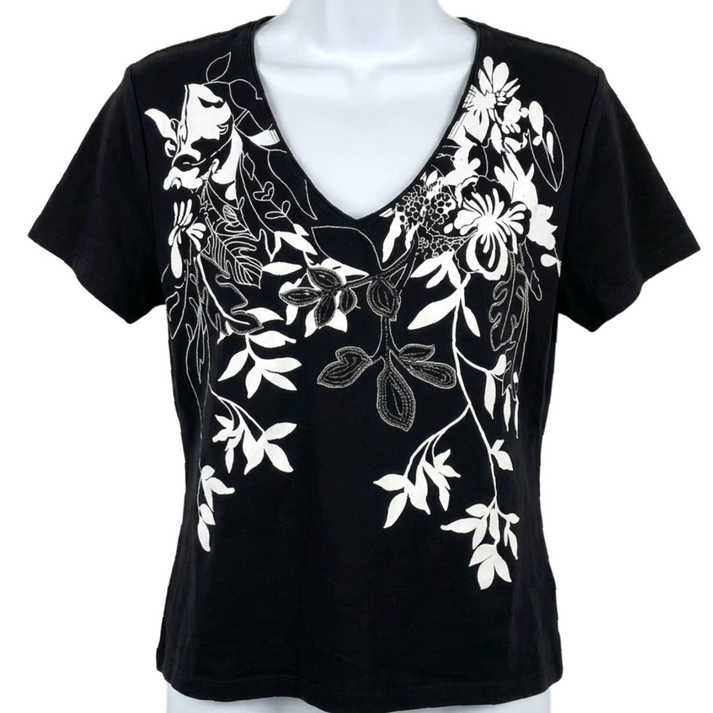 JM Collection JM Collection Shirt Womens XL Black Floral Short Sleeve V Neck 100% Cotton Artsy Size XL / US 12-14 / IT 48-50 - 2 Thumbnail