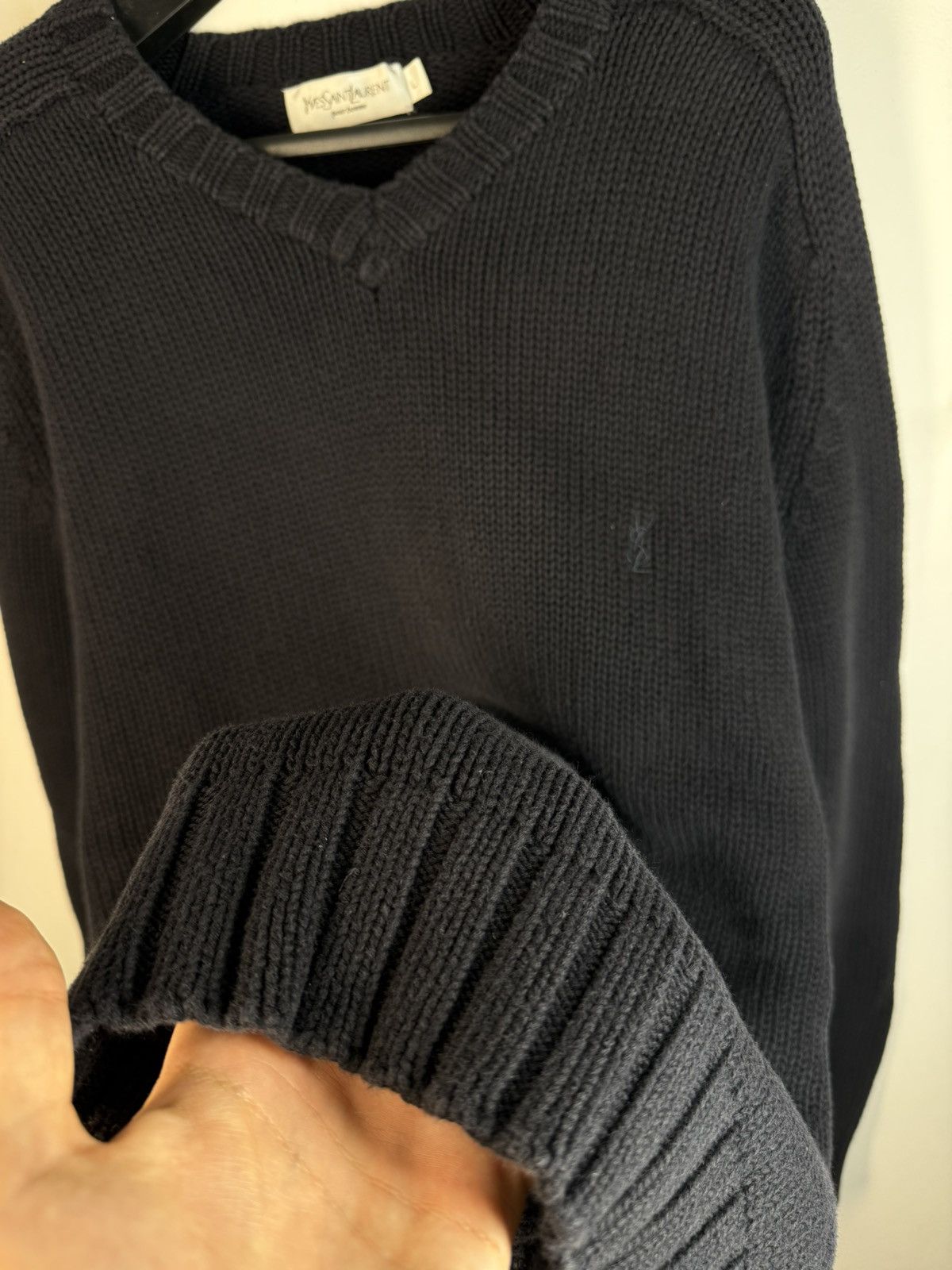 Yves Saint Laurent Heavy YSL Sweater Knit Thick V-neck Navy/Grey YSL Sweatshirt Size US L / EU 52-54 / 3 - 11 Thumbnail
