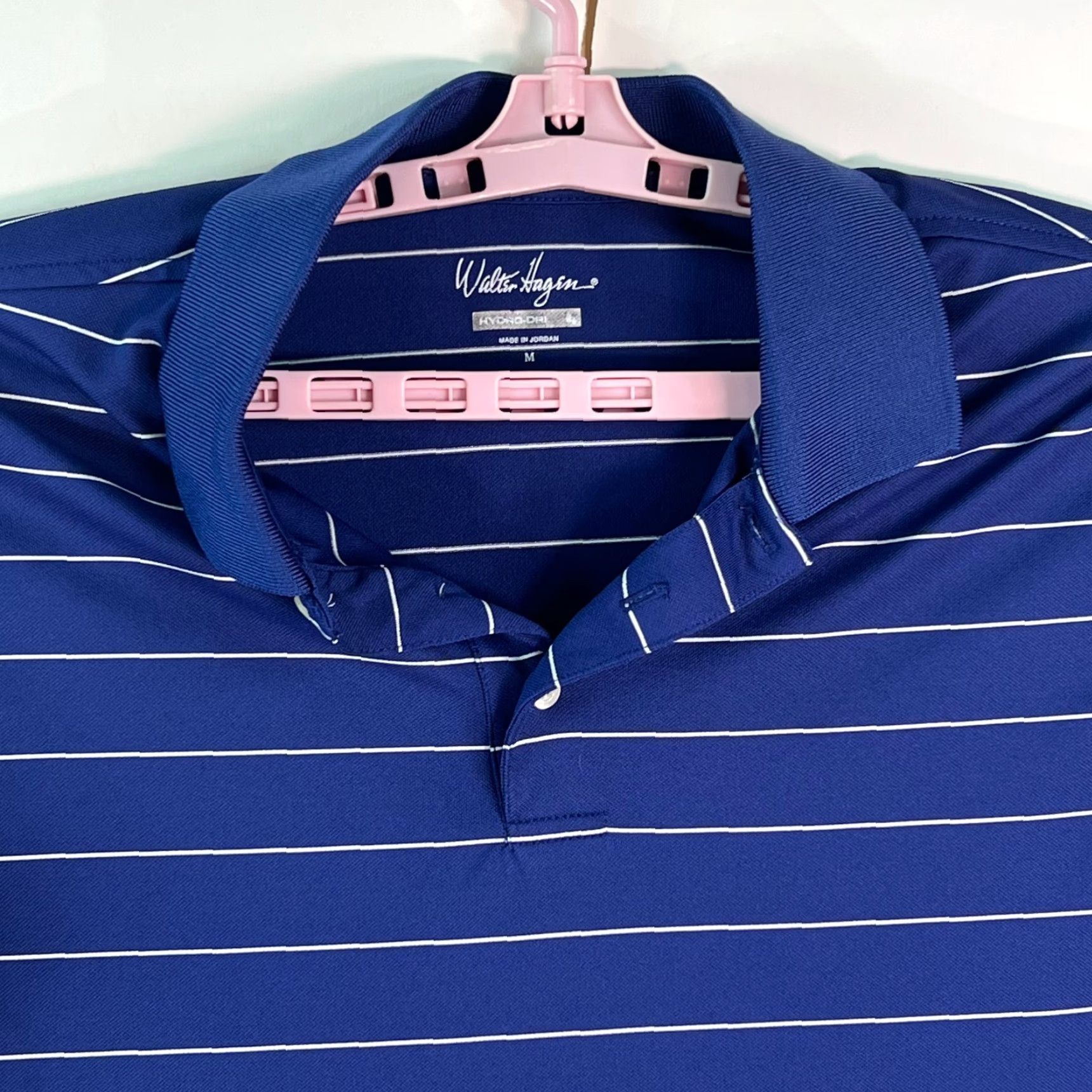 Vintage Walter Hagen Polo Shirt Striped Blue Polo M Mens Shirt Short Sleeve Pullover Collared Casual Classic Knit Polyester 100% Buttonless? Size US M / EU 48-50 / 2 - 3 Thumbnail