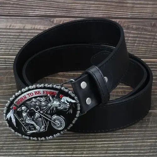 Handmade × Leather Belts Motorcycle And Wolf PU Leather Belt Size ONE SIZE - 2 Thumbnail