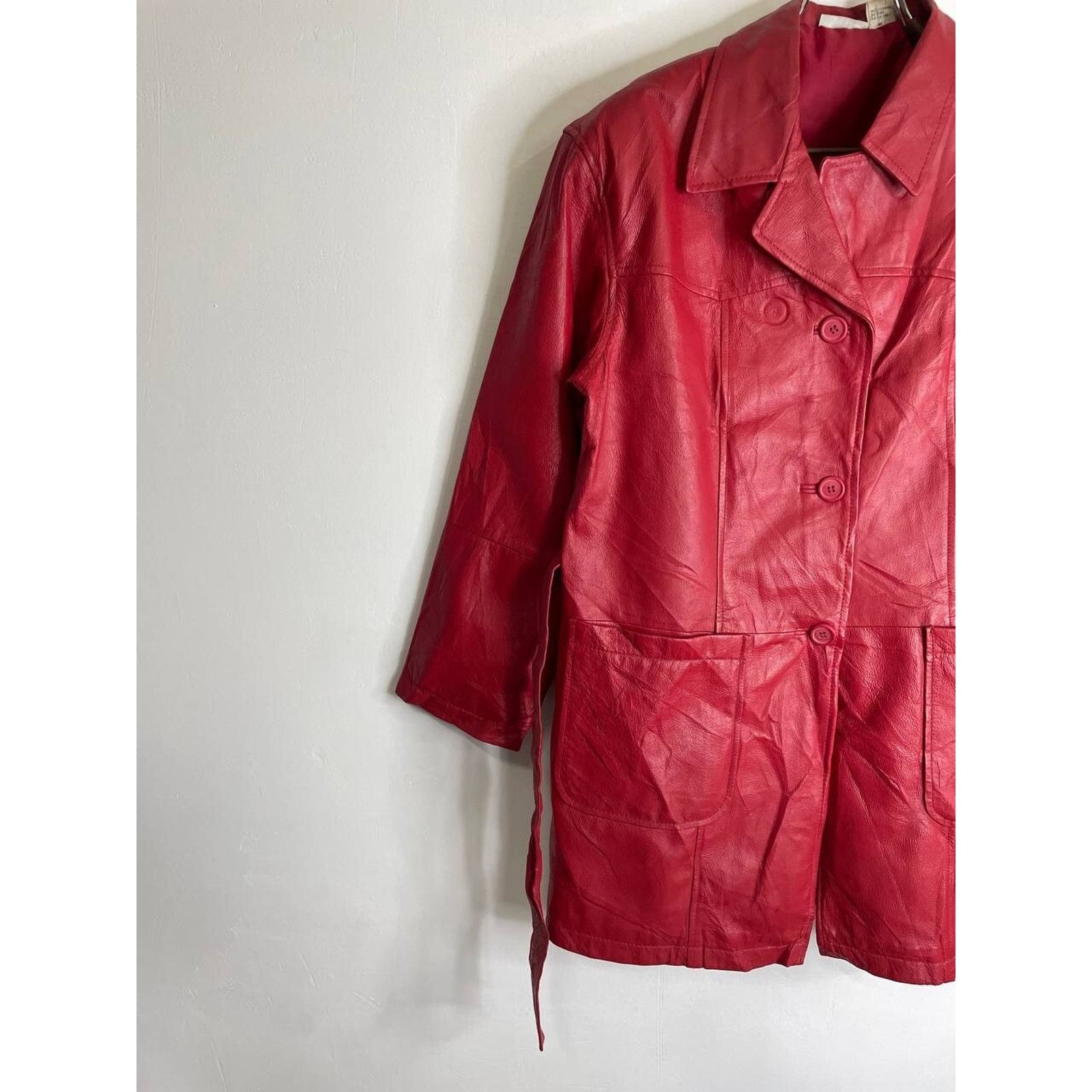 Leather × Vintage Vintage 90s Red Genuine Leather Trench Coat Small Jacket Size S / US 4 / IT 40 - 4 Thumbnail
