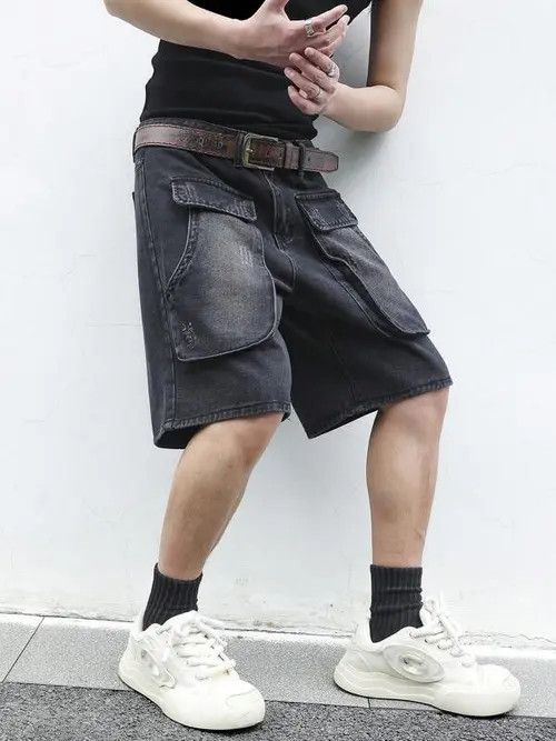 Jean × Vintage Cargo Shorts Washed Distressed Denim Size US 30 / EU 46 - 3 Thumbnail