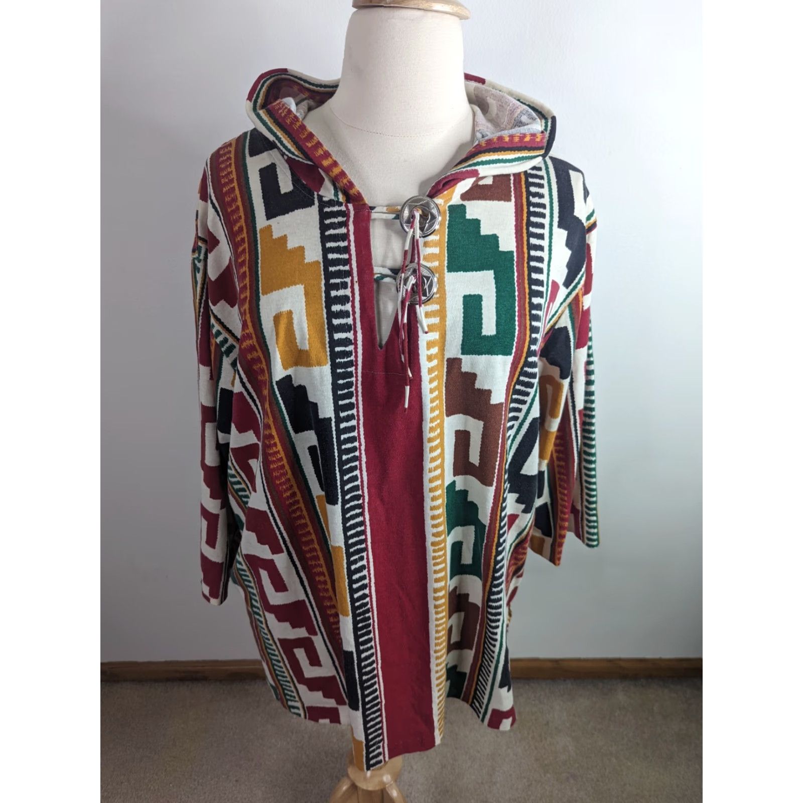 Etro VINTAGE 90s Tribal Southwestern Cotton Pullover Hooded Aztec Shirt Womens 3XL Retro Size XXL / US 16-18 / IT 52-54 - 2 Thumbnail