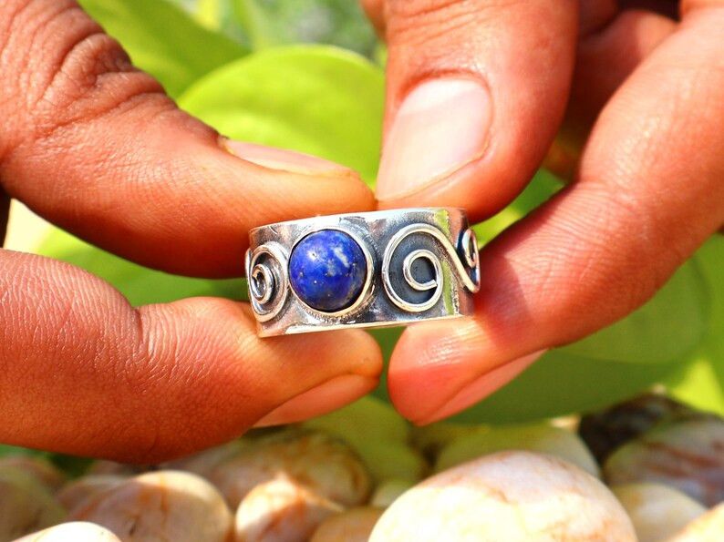 Handmade Lapis Lazuli Band Ring, Handmade Sterling Silver Ring Size ONE SIZE - 5 Thumbnail