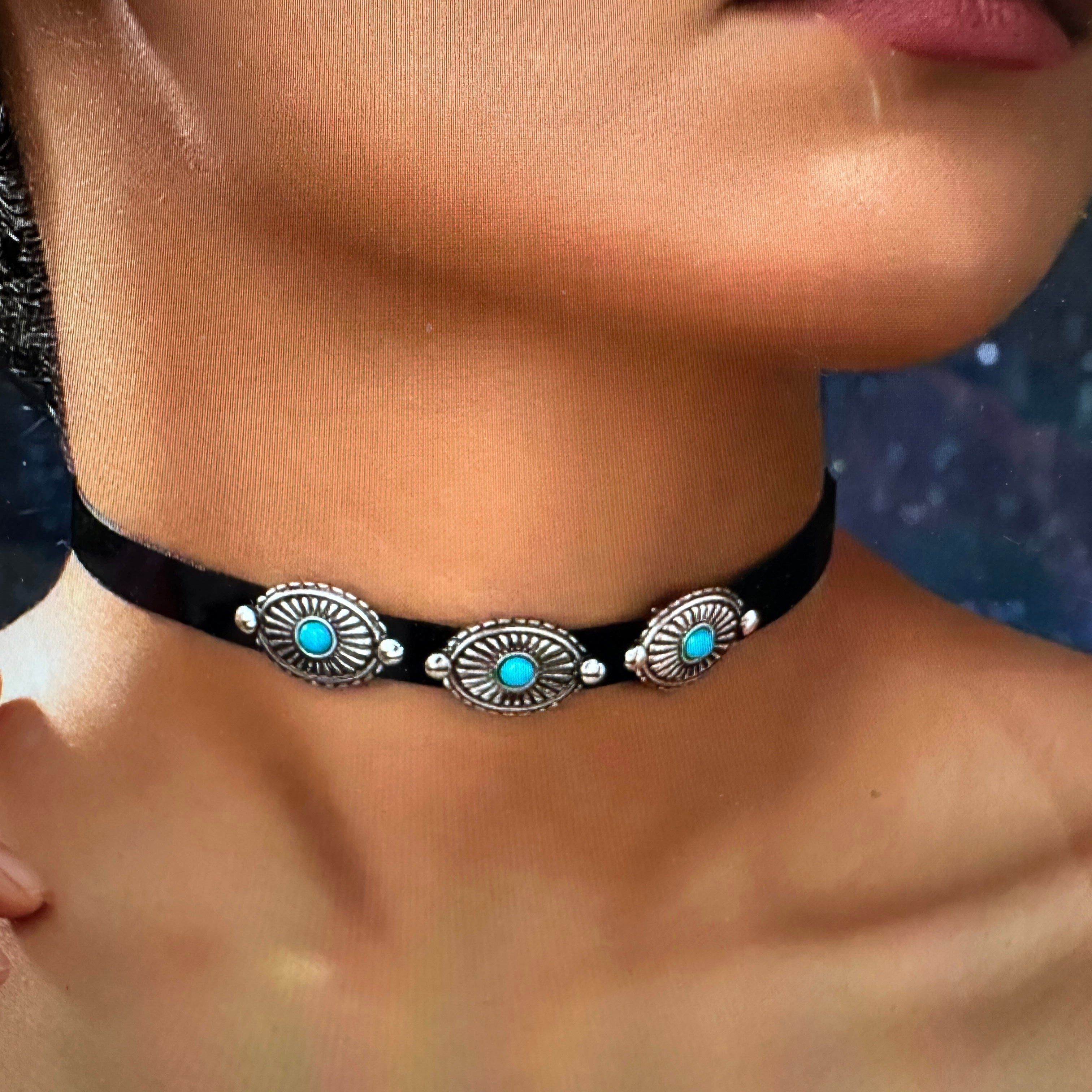 Other Turquoise Concho Choker Necklace with Black Velvet - Boho We Size ONE SIZE - 1 Thumbnail