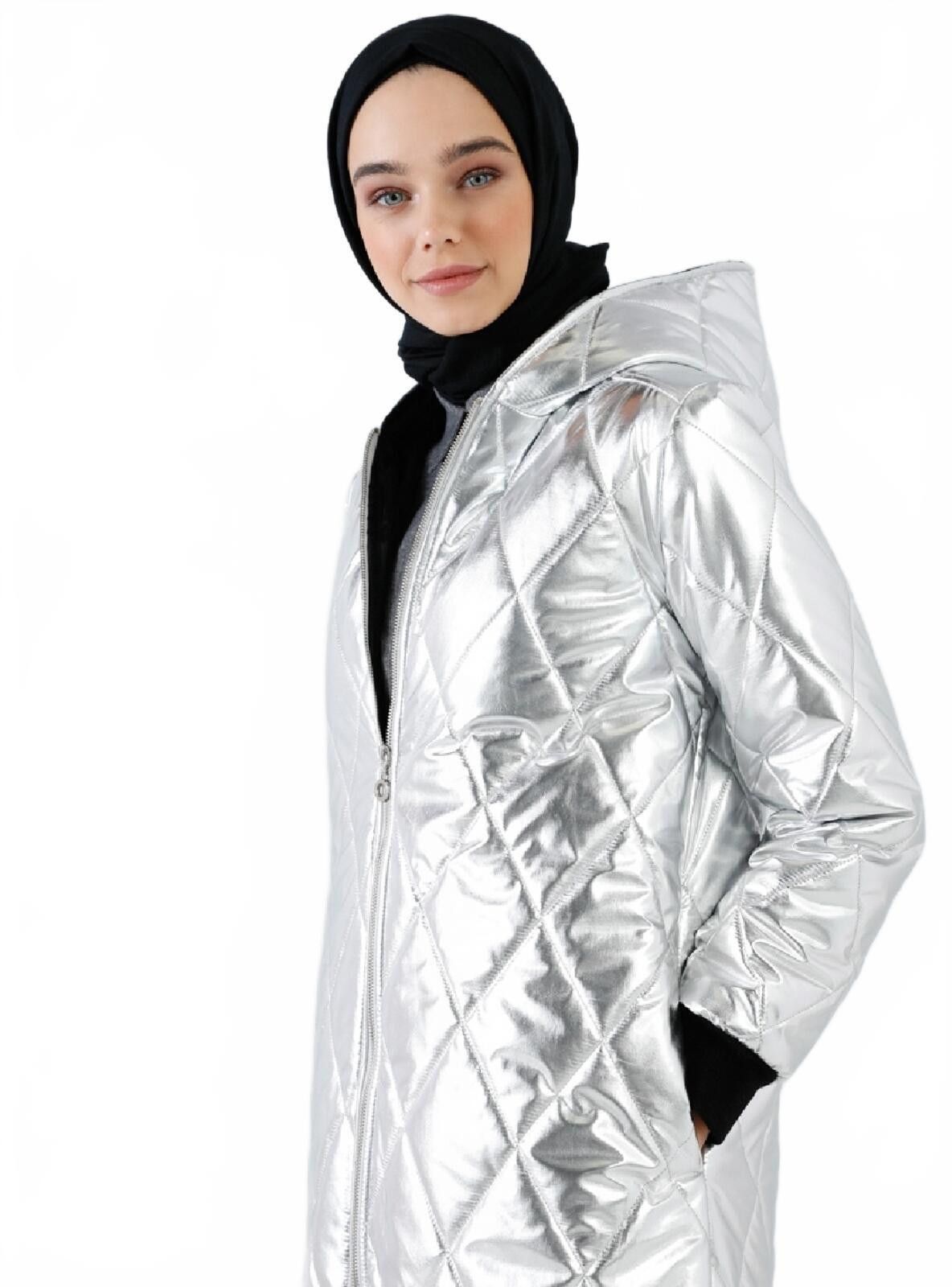Unknown London Metallic Quilted Long Puffer Coat with Hood, Size 8 Size M / US 6-8 / IT 42-44 - 2 Thumbnail