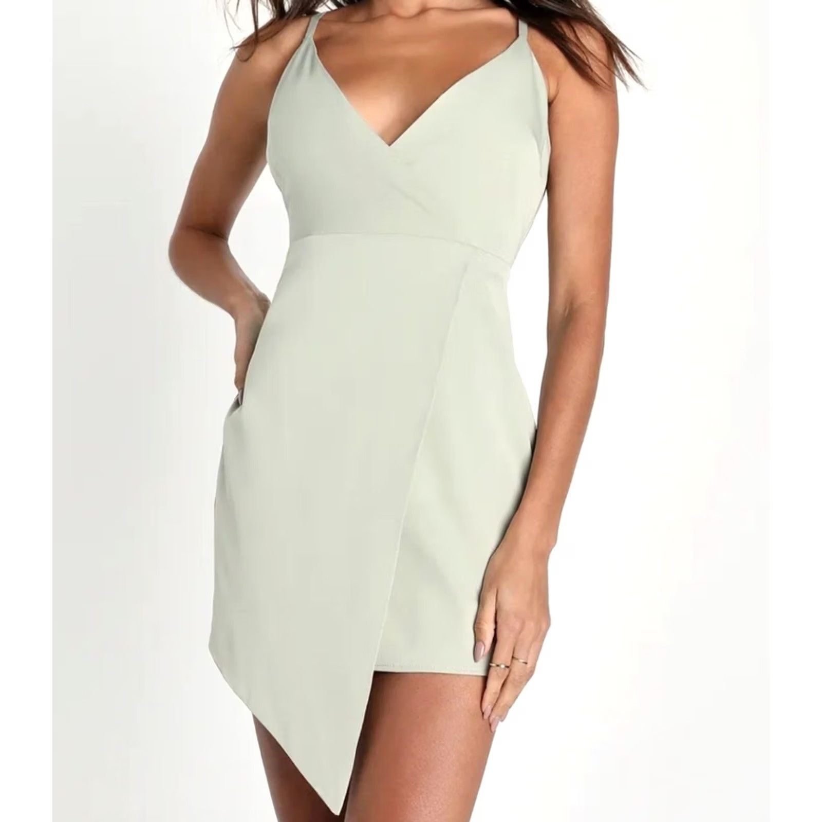 Lulus Lulus What A Stunner Satin Asymmetrical Wrap Mini Dress Womens Small Sage Green Satin Asymmetric Mini Dress Womens Small Green 90s Size S / US 4 / IT 40 - 2 Thumbnail