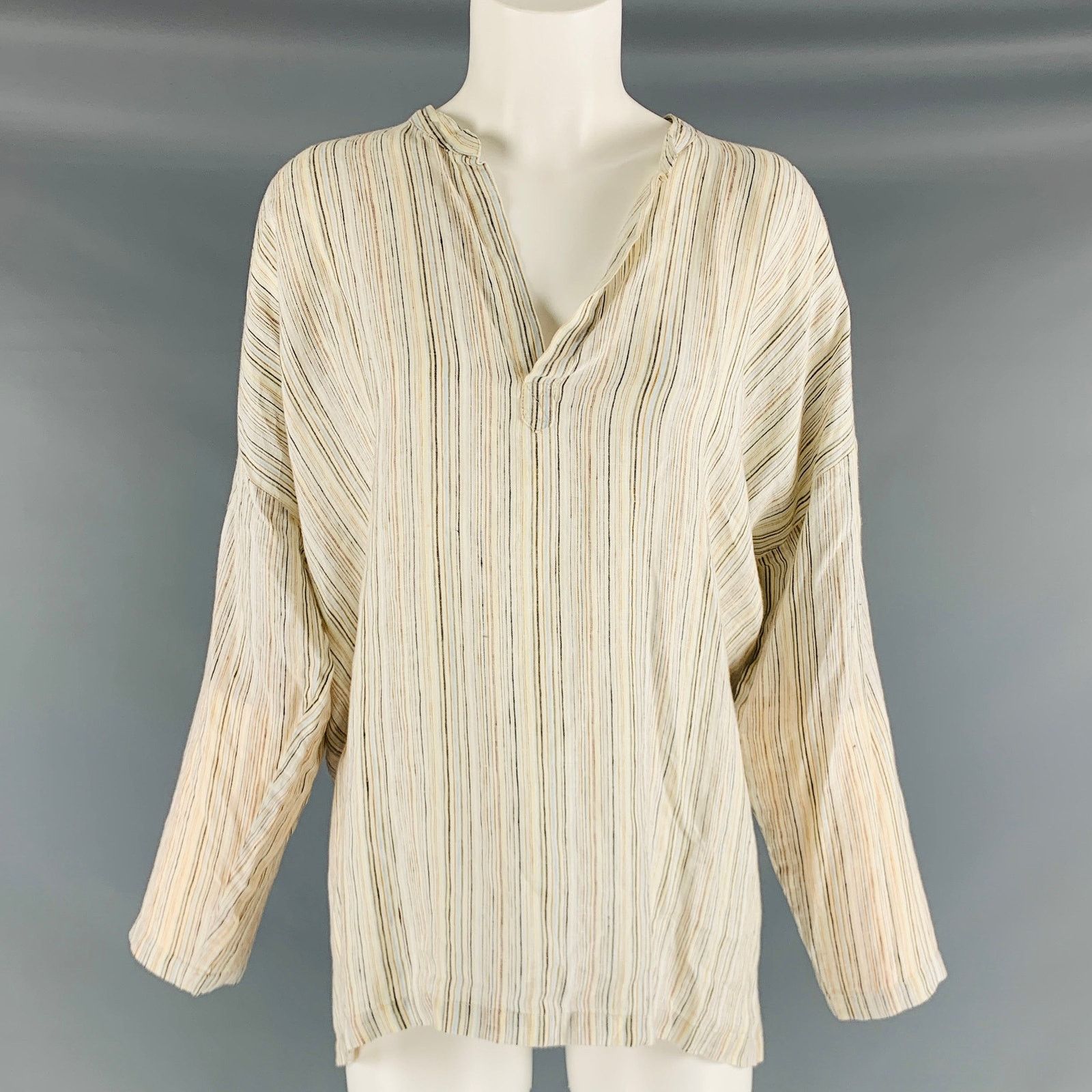 eskandar ESKANDAR 0 White Blue Linen Stripe Long placket Casual Top Size XS / US 0-2 / IT 36-38 - 1 Thumbnail