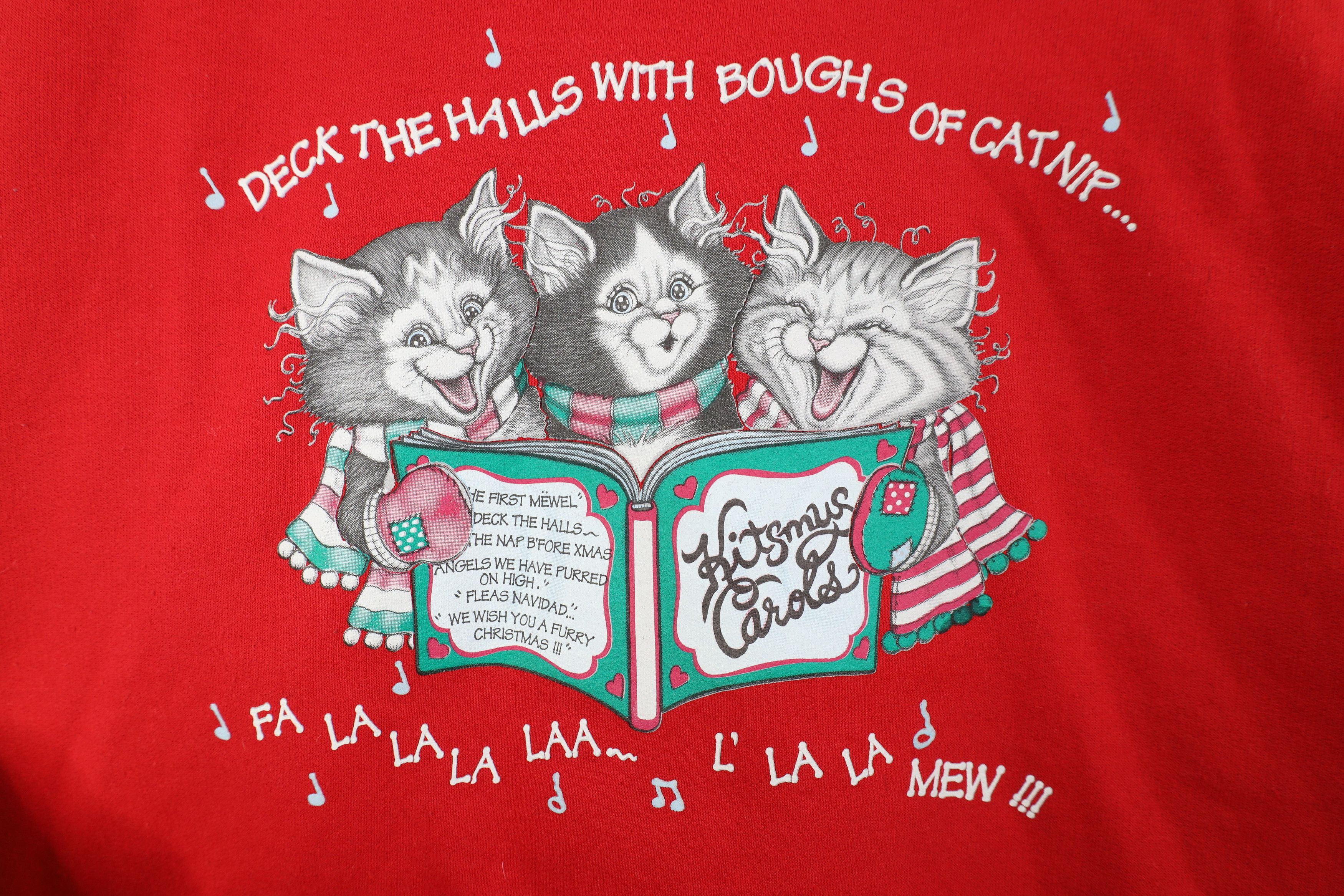 Vintage Vintage 90s Christmas Deck The Halls with Cat Sweatshirt Size M / US 6-8 / IT 42-44 - 4 Thumbnail
