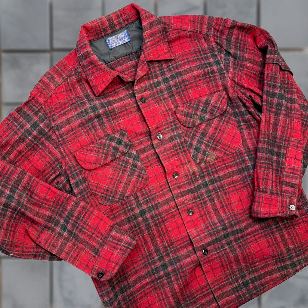 Pendleton VINTAGE Pendleton Board Shirt Mens Medium Red Plaid Wool Thread Collar USA Made Size US M / EU 48-50 / 2 - 1 Thumbnail