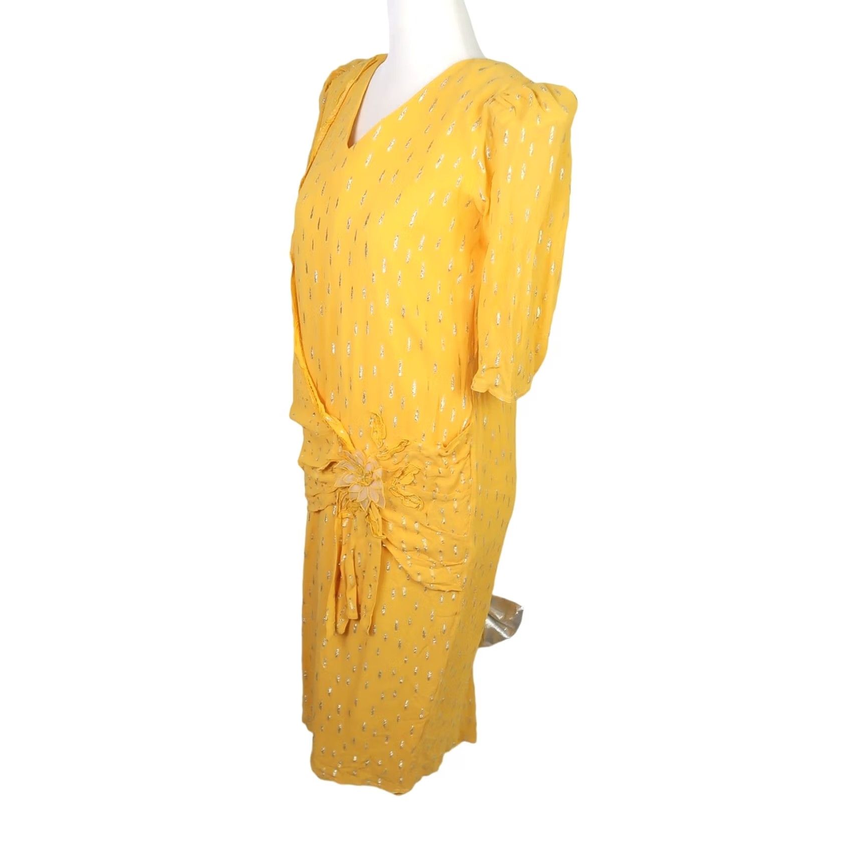 Vintage VINTAGE Cream Purse dress M yellow silk and metallic silver midi party 80s Size M / US 6-8 / IT 42-44 - 3 Thumbnail