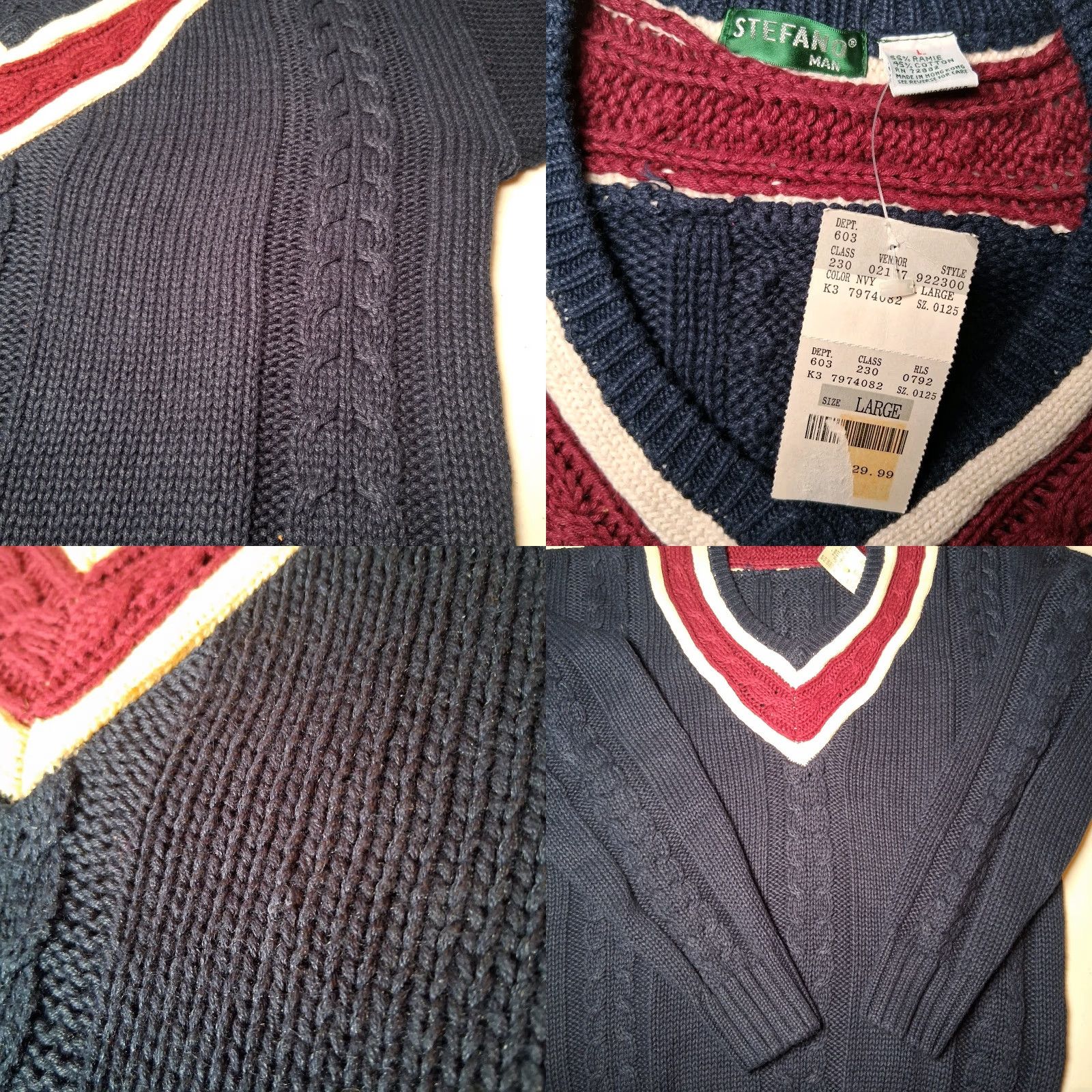 Vintage VINTAGE Stefano Sweater, Cable-Knit, V Neck, Blue, L, Men, 90s Preppy Academia, Navy Maroon, Pullover, Regular Fit Size US L / EU 52-54 / 3 - 8 Thumbnail