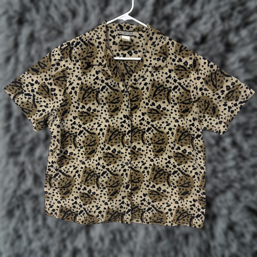 Vintage VINTAGE Notations Button-Up Blouse XL Brown Leopard Animal Print Womens Short Sleeve Office Workwear Size XL / US 12-14 / IT 48-50 - 1 Thumbnail