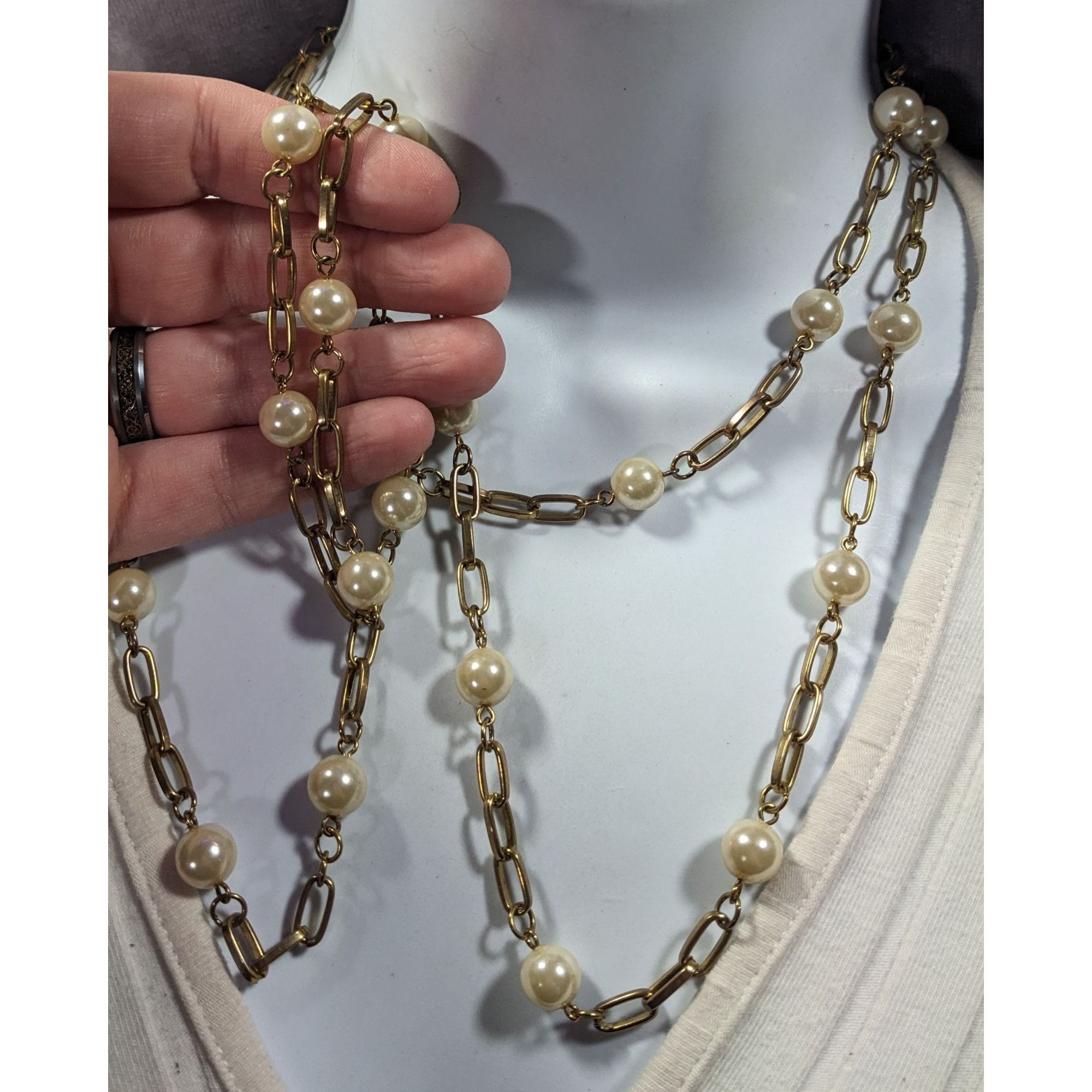 Other Vintage EsMor Gold Tone Faux Pearl Paperclip Chain Necklace Size ONE SIZE - 2 Thumbnail