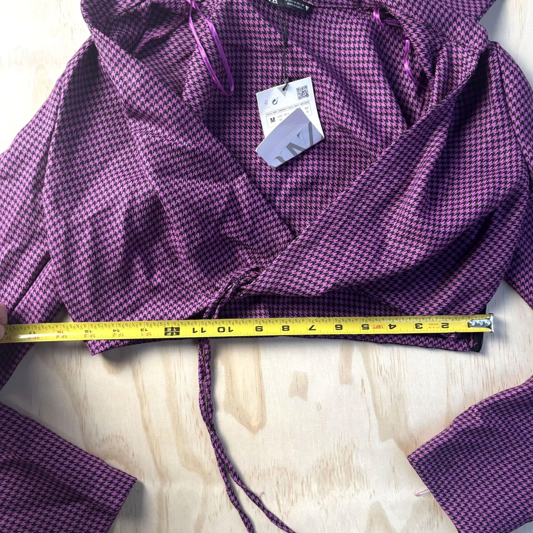 Zara Zara Womens Medium Purple Check Wrap Cropped Long Sleeve V Neck Tie Front Blouse Size M / US 6-8 / IT 42-44 - 4 Thumbnail