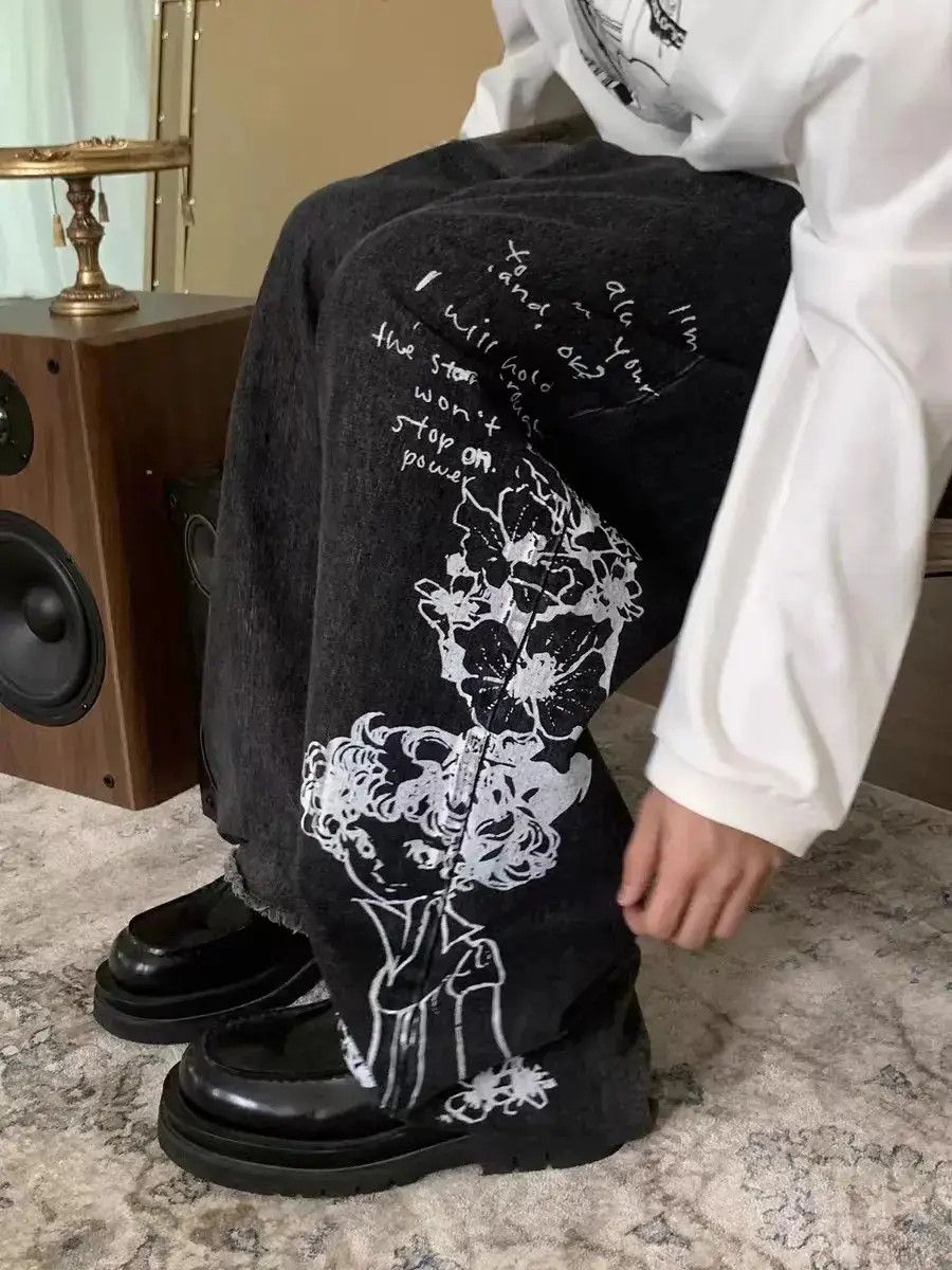 Japanese Brand Vintage comic lyrics printed washed fringed jeans Size US 32 / EU 48 - 3 Thumbnail