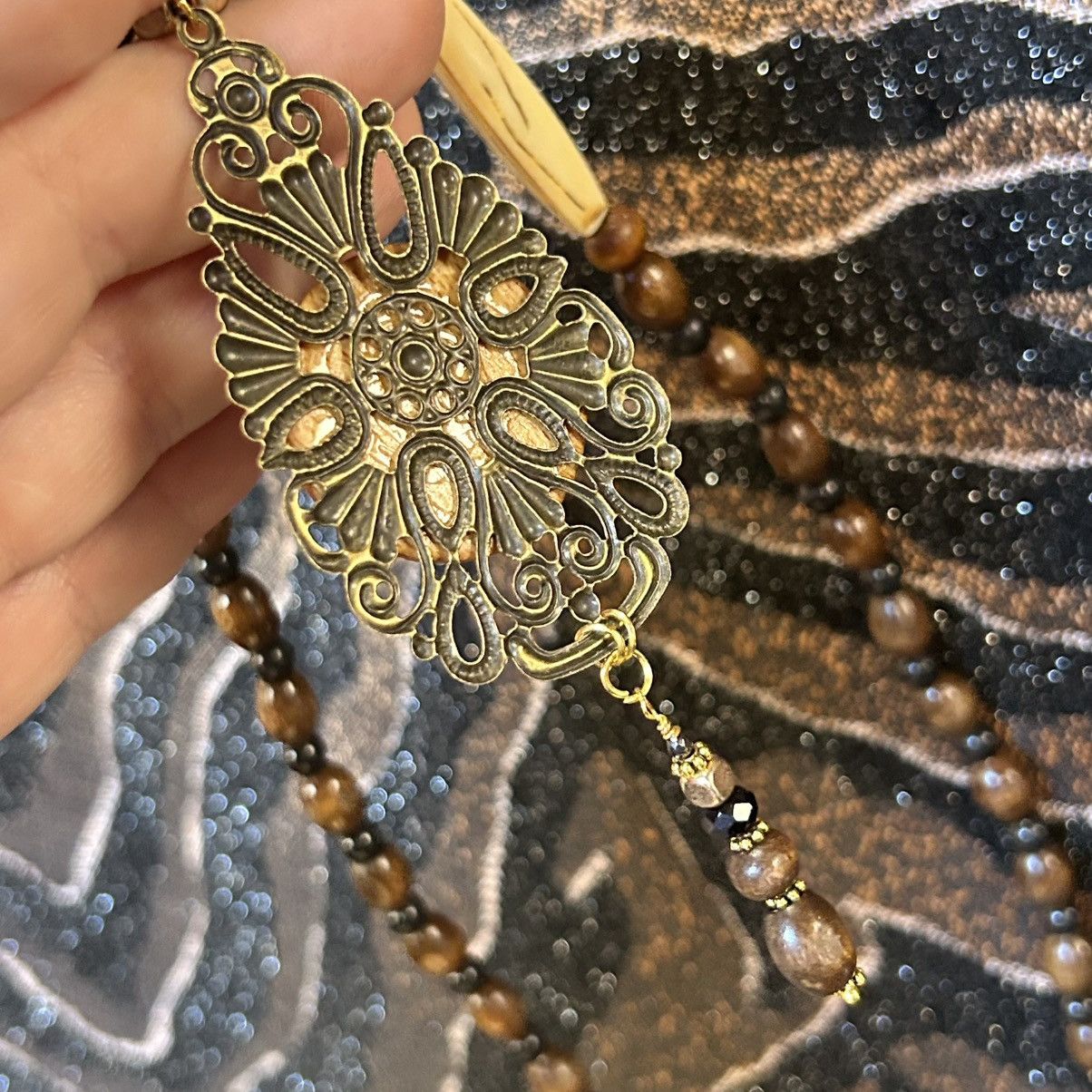 Handmade Handcrafted wood medallion filigree brass pendant necklace Size ONE SIZE - 9 Thumbnail