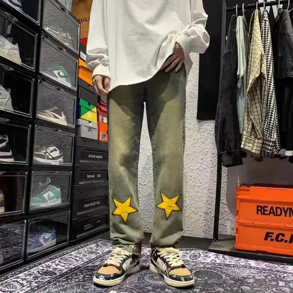 Japanese Brand Retro yellow mud color design star embroidered jeans Size US 30 / EU 46 - 2 Thumbnail