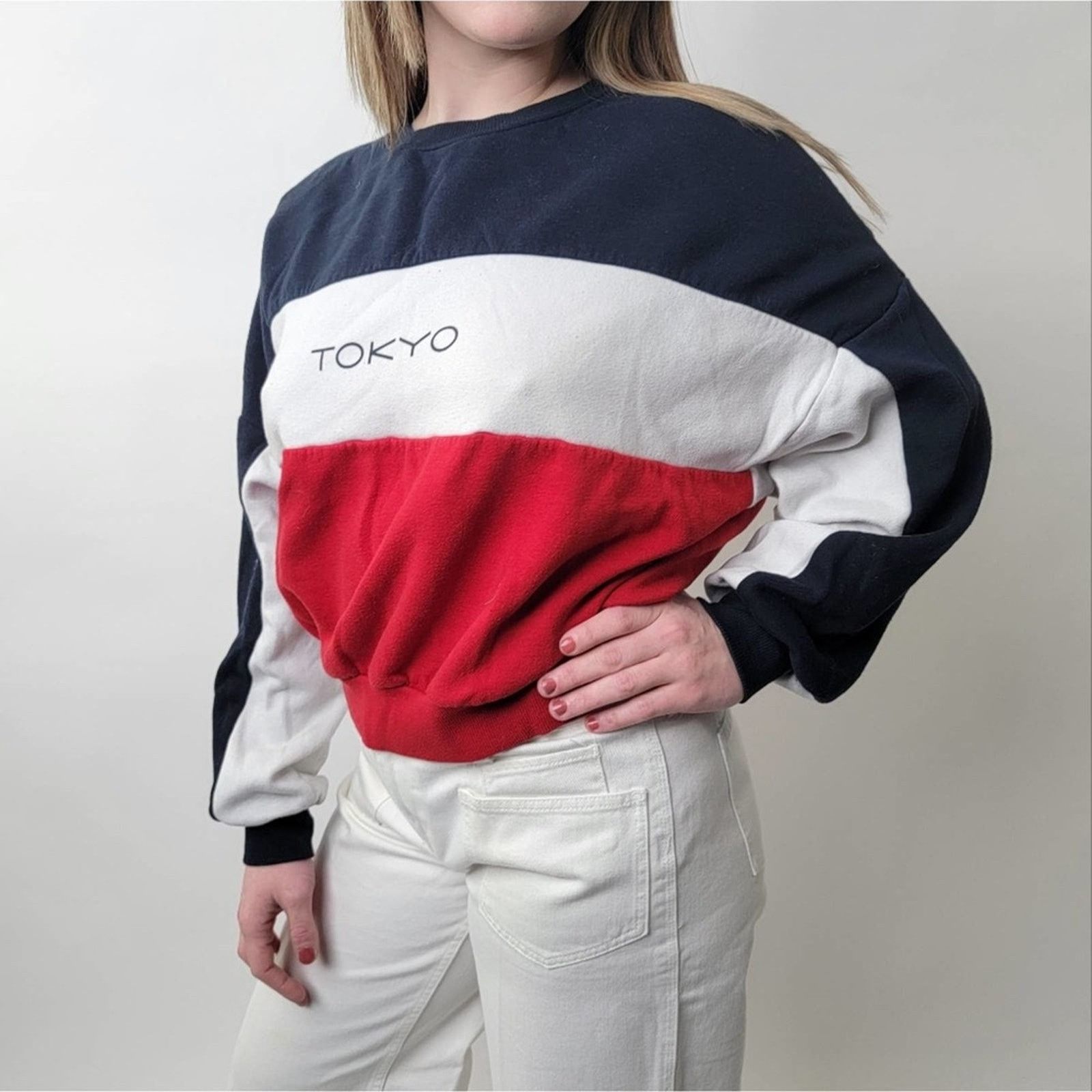 H&M Red White Blue Stripe Colorblock 'Tokyo' Crewneck Sweatshirt Size M / US 6-8 / IT 42-44 - 7 Thumbnail