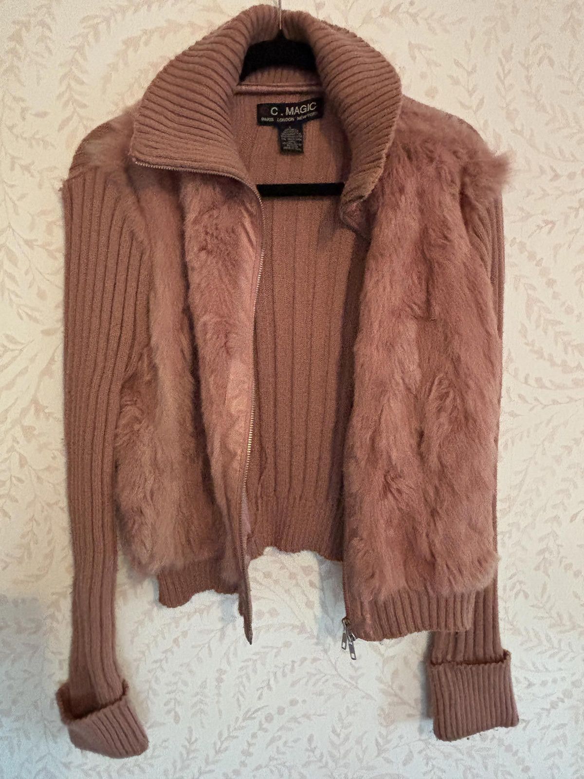 Designer C. Magic Women's AUTH Fur and Ribbed Knit Zip-Up Sweater L Size L / US 10 / IT 46 - 6 Thumbnail