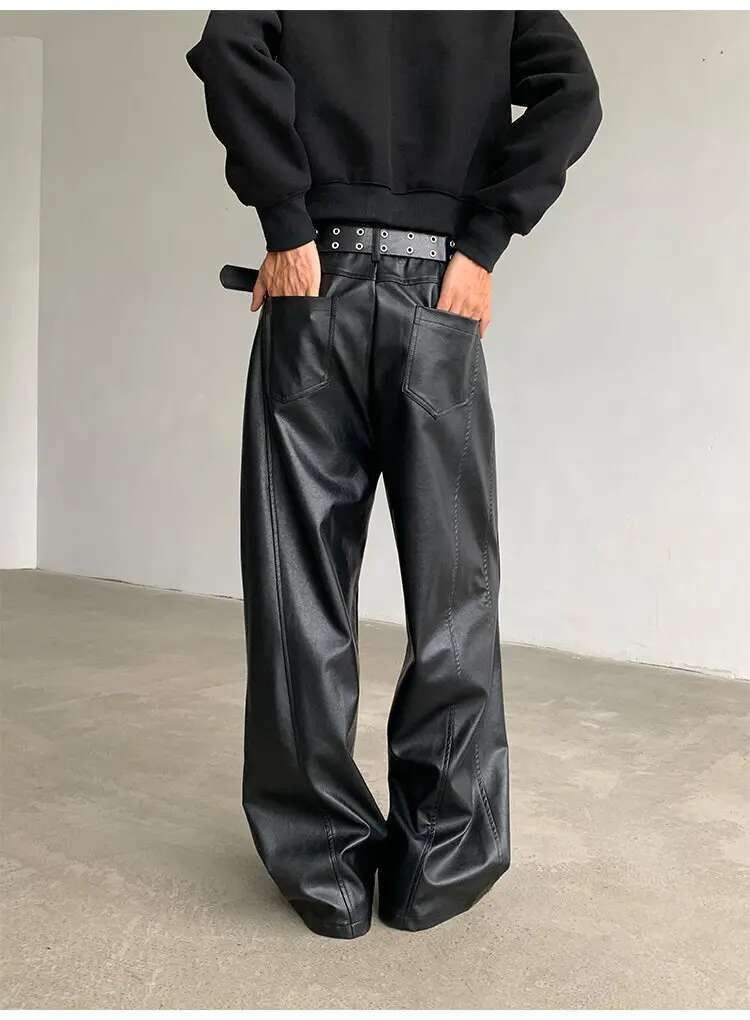 Japanese Brand Streetwear Casual Pu Leather Straight Wide Leg Trousers Size US 33 - 3 Thumbnail