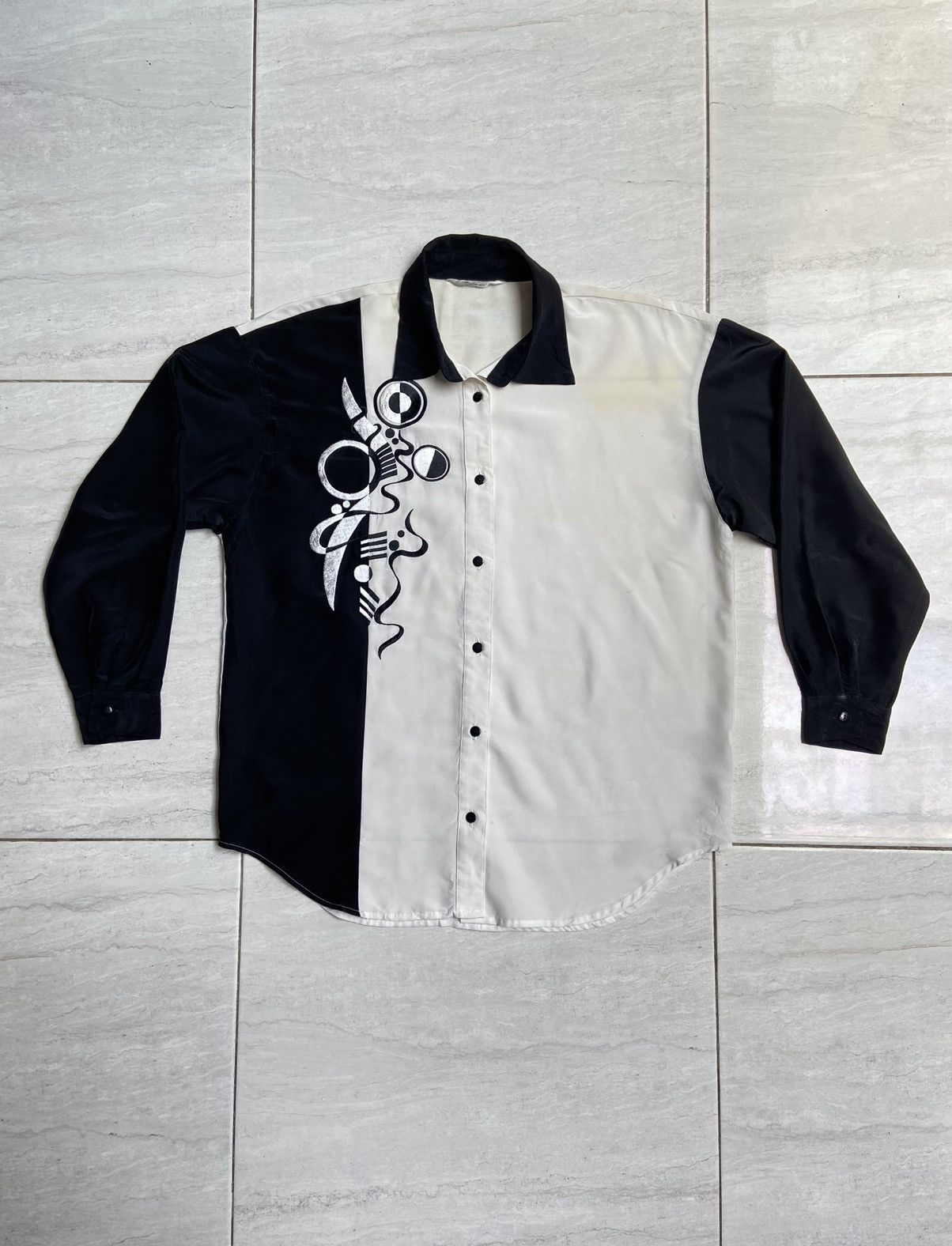 image of Designer Galsville White Patterned Shirt, Men's (Size Large)