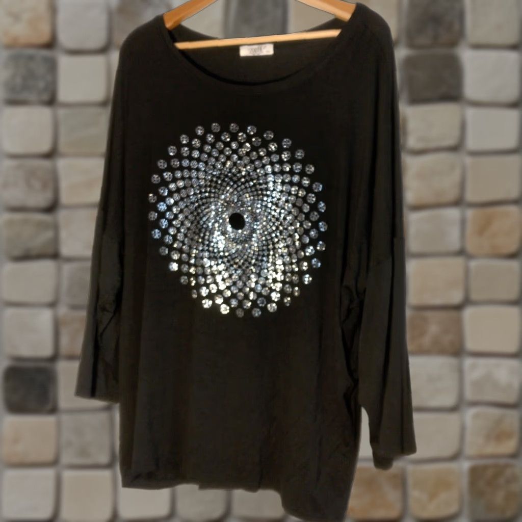 Vintage Julia Tunic Women 3XL Black Bohemian Mandala 3/4 Sleeve Round Neck Bling Viscose Blend Plus Size Womens Size XXL / US 16-18 / IT 52-54 - 1 Thumbnail