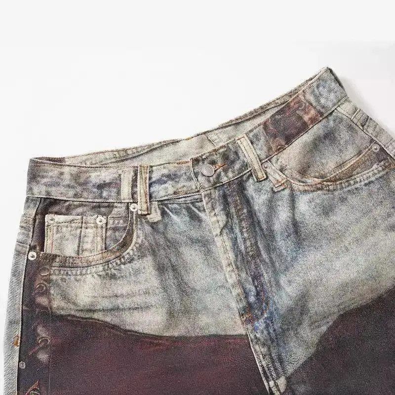 Japanese Brand Retro straight tube loose wide leg printed jeans Size US 32 / EU 48 - 2 Thumbnail