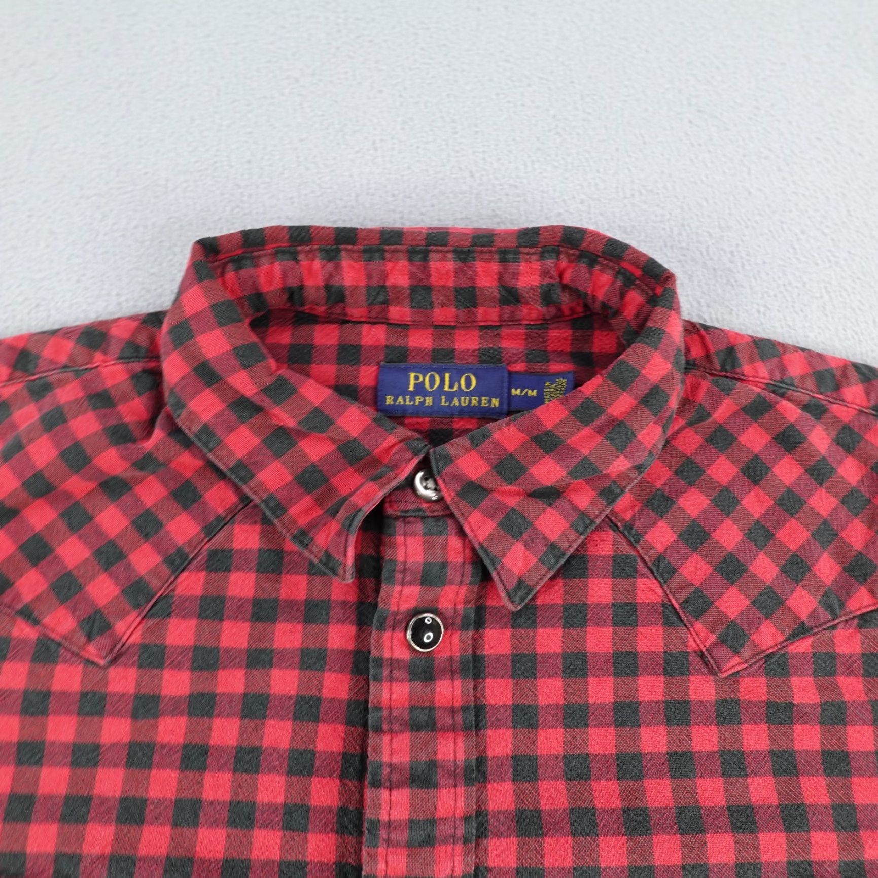 VINTAGE Polo Ralph Lauren Shirt Mens Medium Long Sleeve Gingham Check Western Pearl Snap Red Cotton