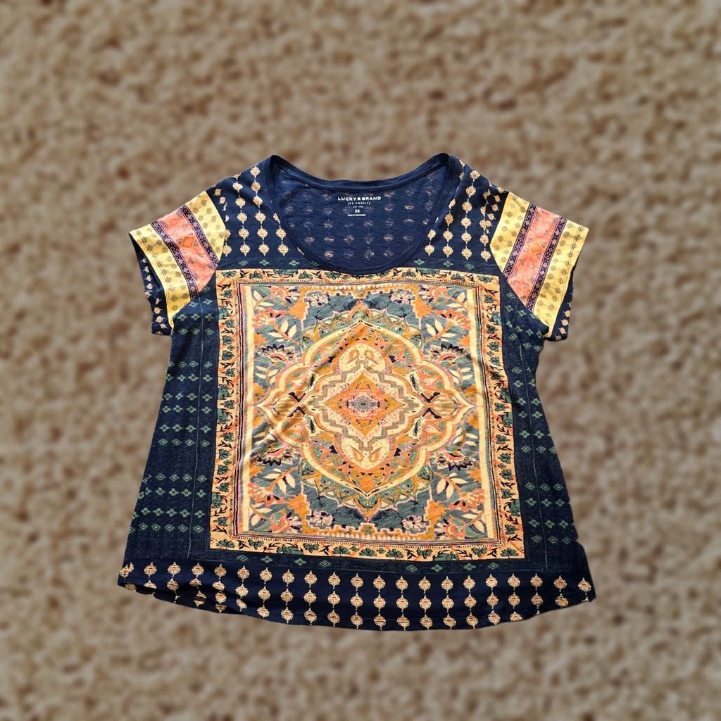 Lucky Brand Lucky Brand Top Women 2X Blue Mandala Short Sleeve Tee Stretch Boho Casual Shirt Womens Bohemian Size XXL / US 16-18 / IT 52-54 - 1 Thumbnail