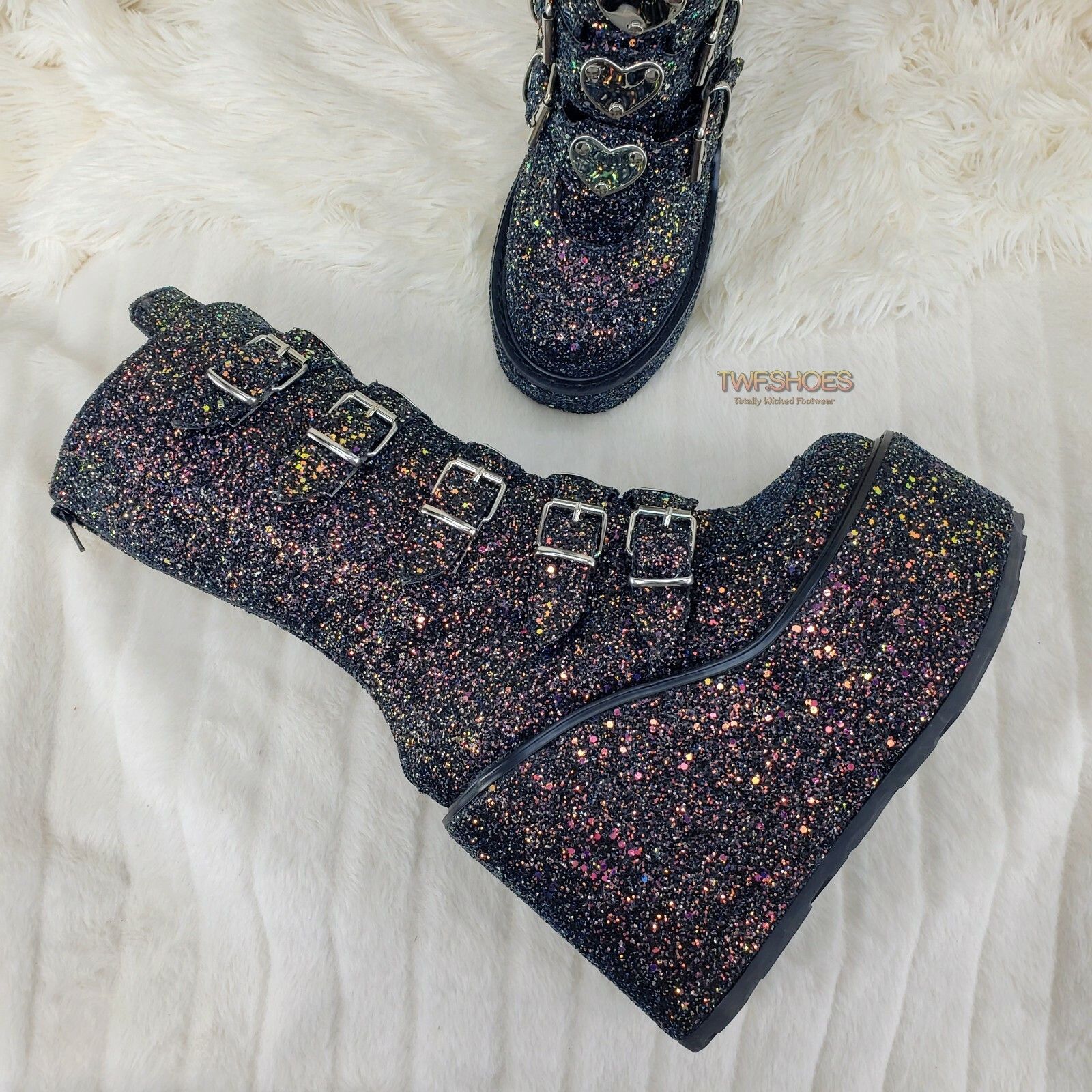 Demonia Cult DEMONIA Swing 230G Black Glitter Platform Boots Heart Strap Size US 8 / IT 38 - 2 Thumbnail