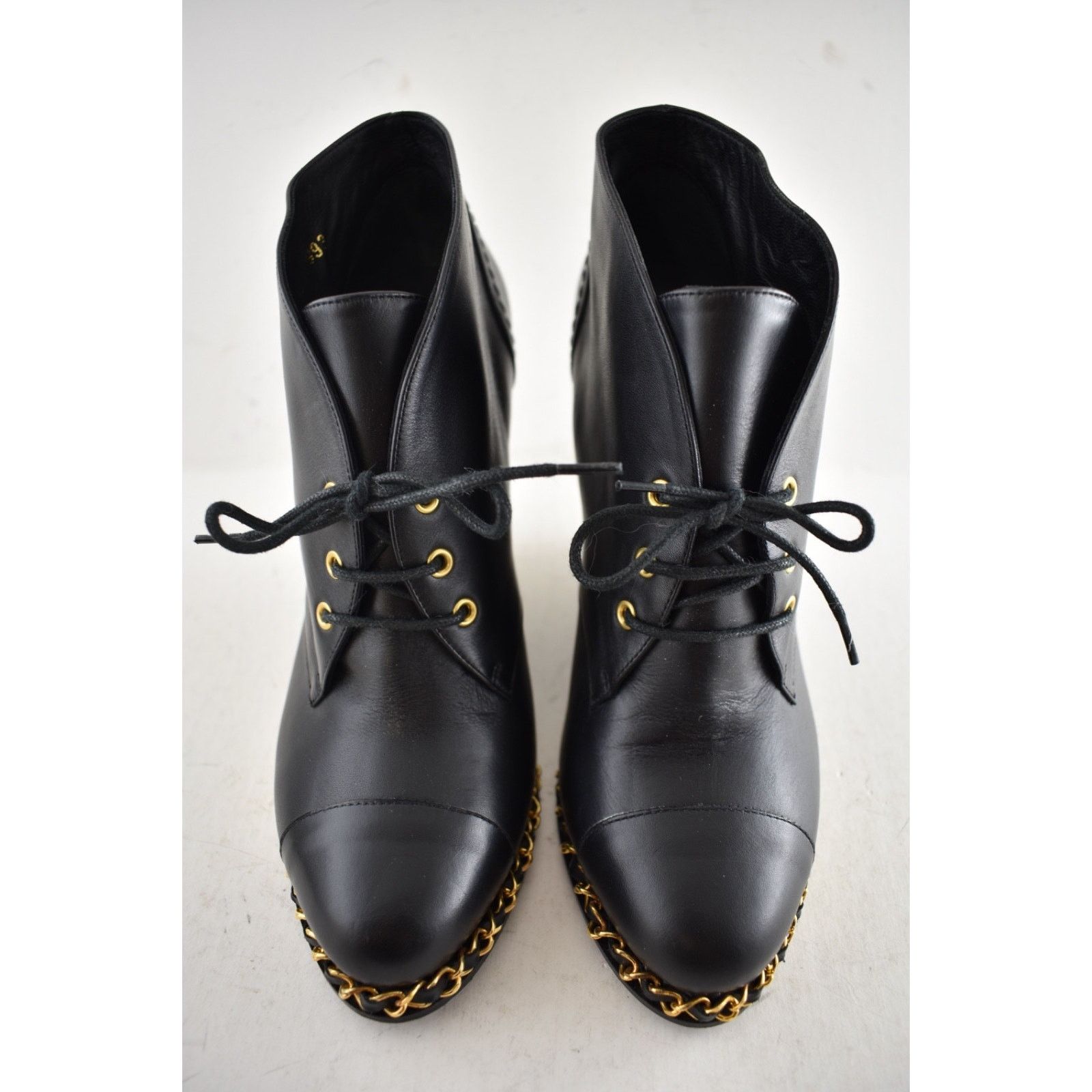 Chanel Chanel Black Leather Chain CC Lace Up Ankle Wedge Boot 38.5 Size US 8.5 / IT 38.5 - 6 Thumbnail