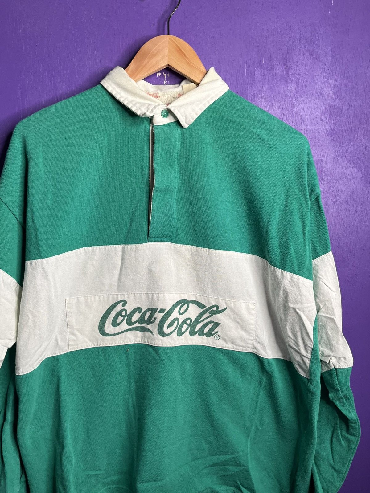 Coca Cola × Vintage Vintage 70s Coca-Cola spellout logo rugby shirt Size US L / EU 52-54 / 3 - 3 Thumbnail