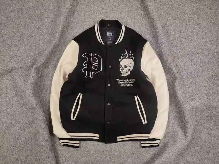 image of Vintage Paranoid Society Letterman Varsity Bomber Jacket in Black Beige, Men's (Size Small)