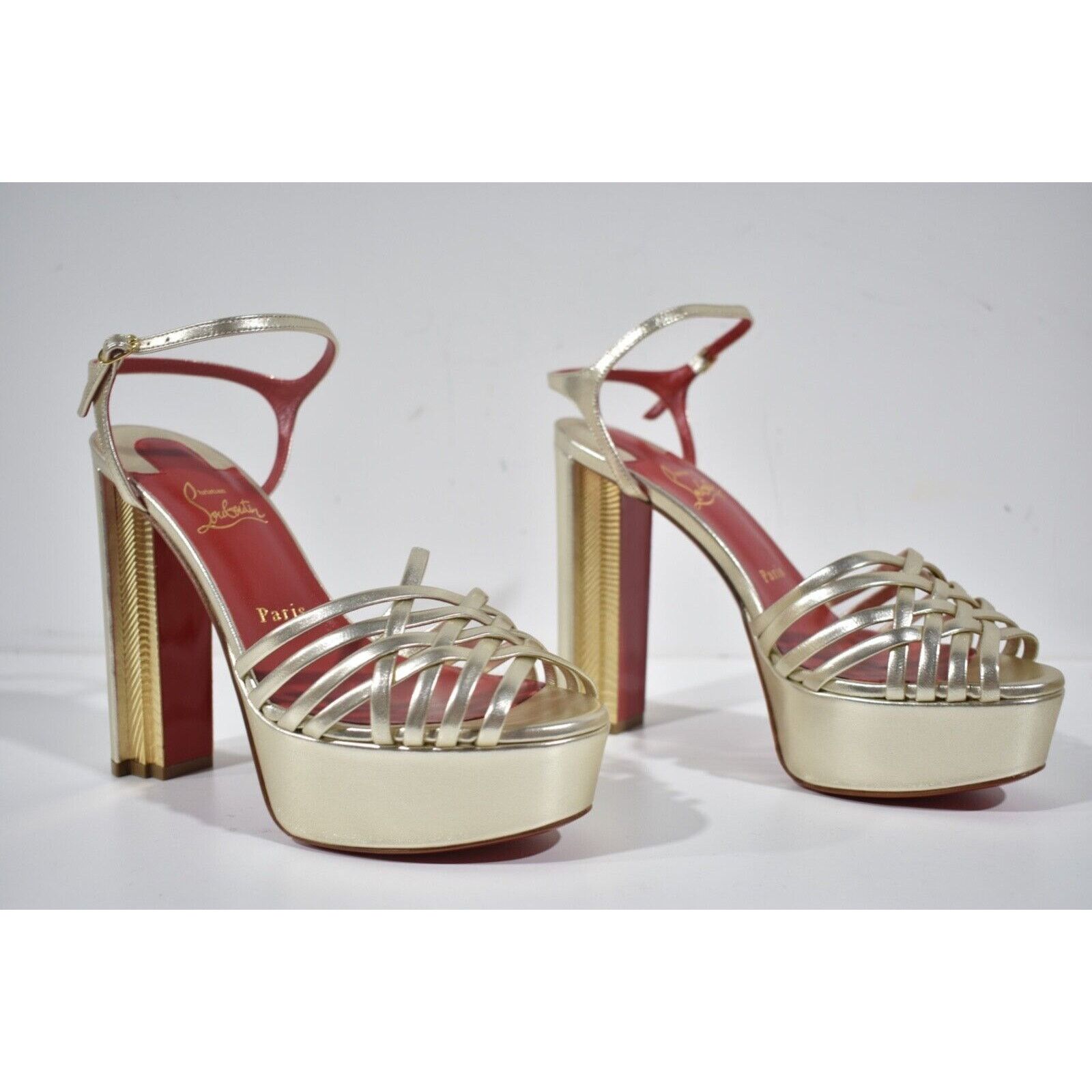 Christian Louboutin Coluna Girl 130 Gold Platform Block Heel Sandal Pump 40 Size US 10 / IT 40 - 4 Thumbnail