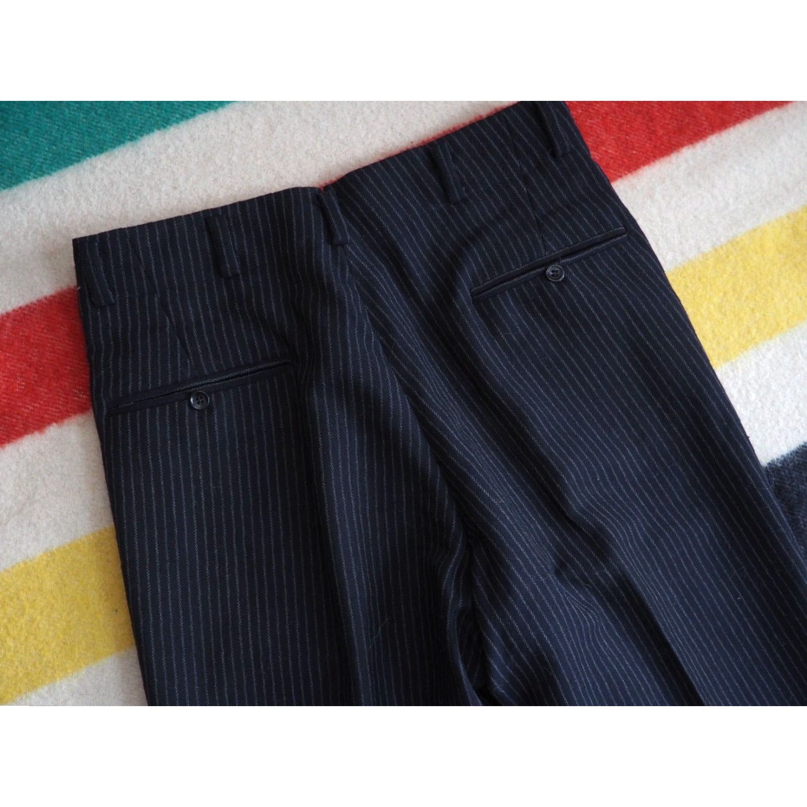 Vintage VTG 1930s Star Hook Black Gray Pinstripe Wool Pants 32x32 Straight Leg Flat Front Rockabilly Button Fly Mens Size US 32 / EU 48 - 3 Thumbnail