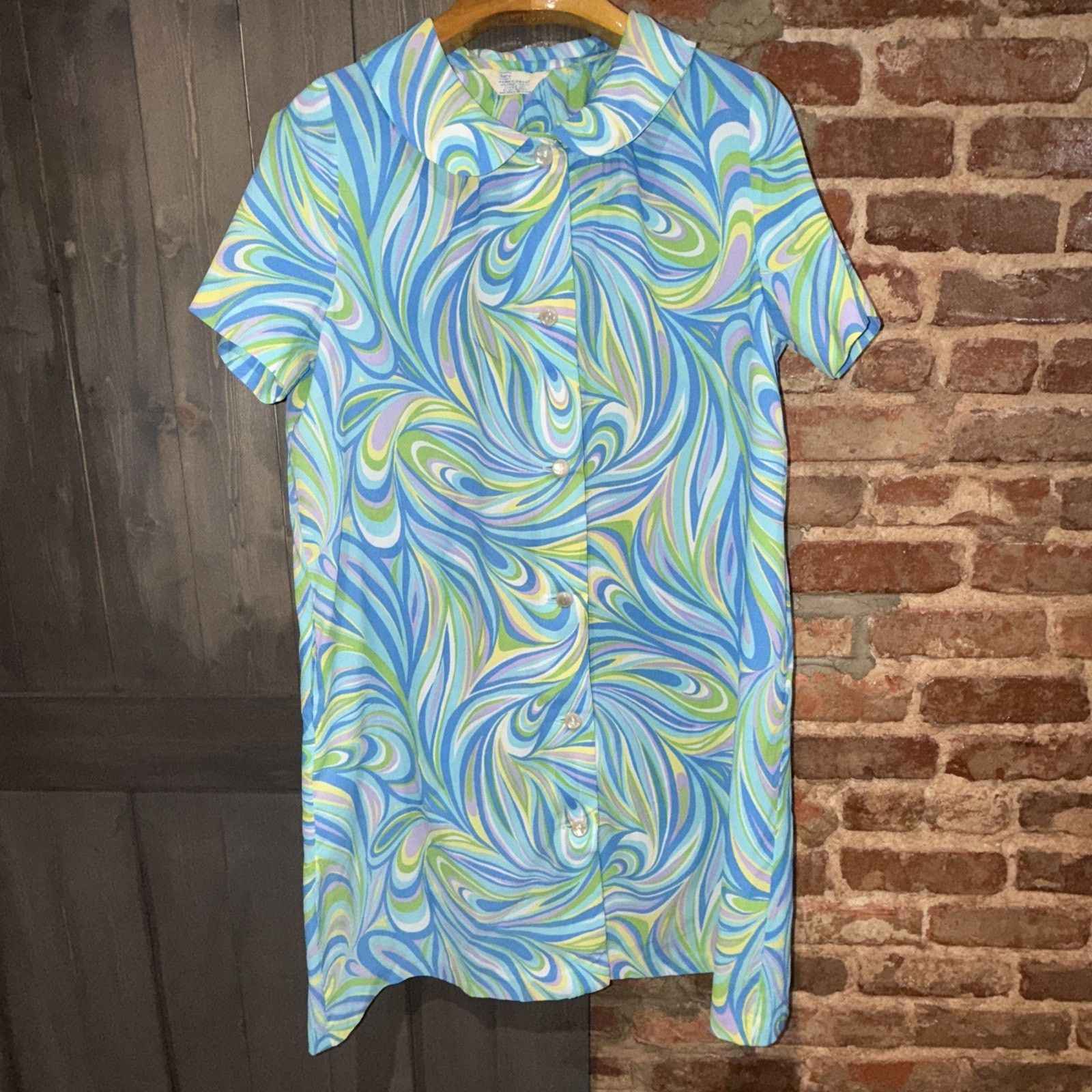 Sears Vintage Sears Blue Swirl Mod Bright Granny House Dress Sz L Size L / US 10 / IT 46 - 2 Thumbnail