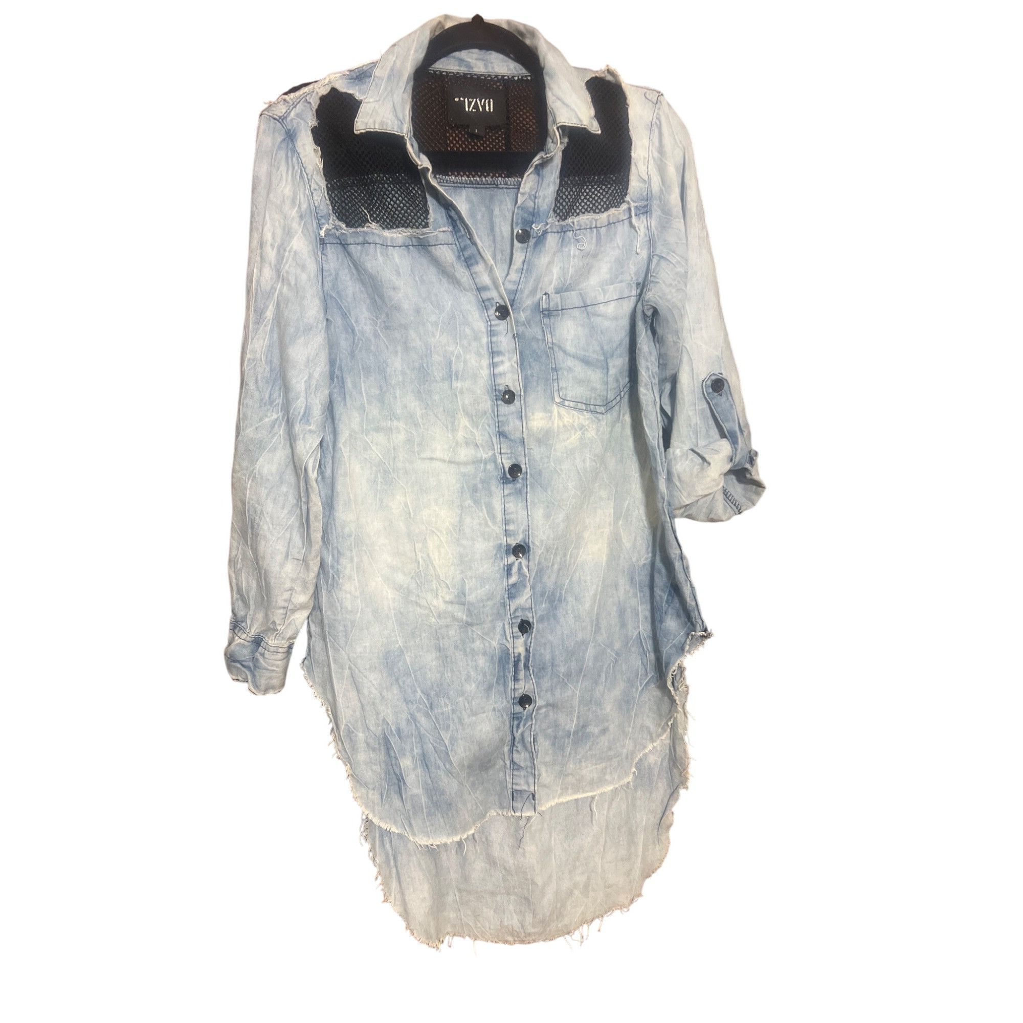 Other DAZL Chambray Shirt Black Mesh Long Tab Sleeves Longer Back Size L / US 10 / IT 46 - 1 Thumbnail