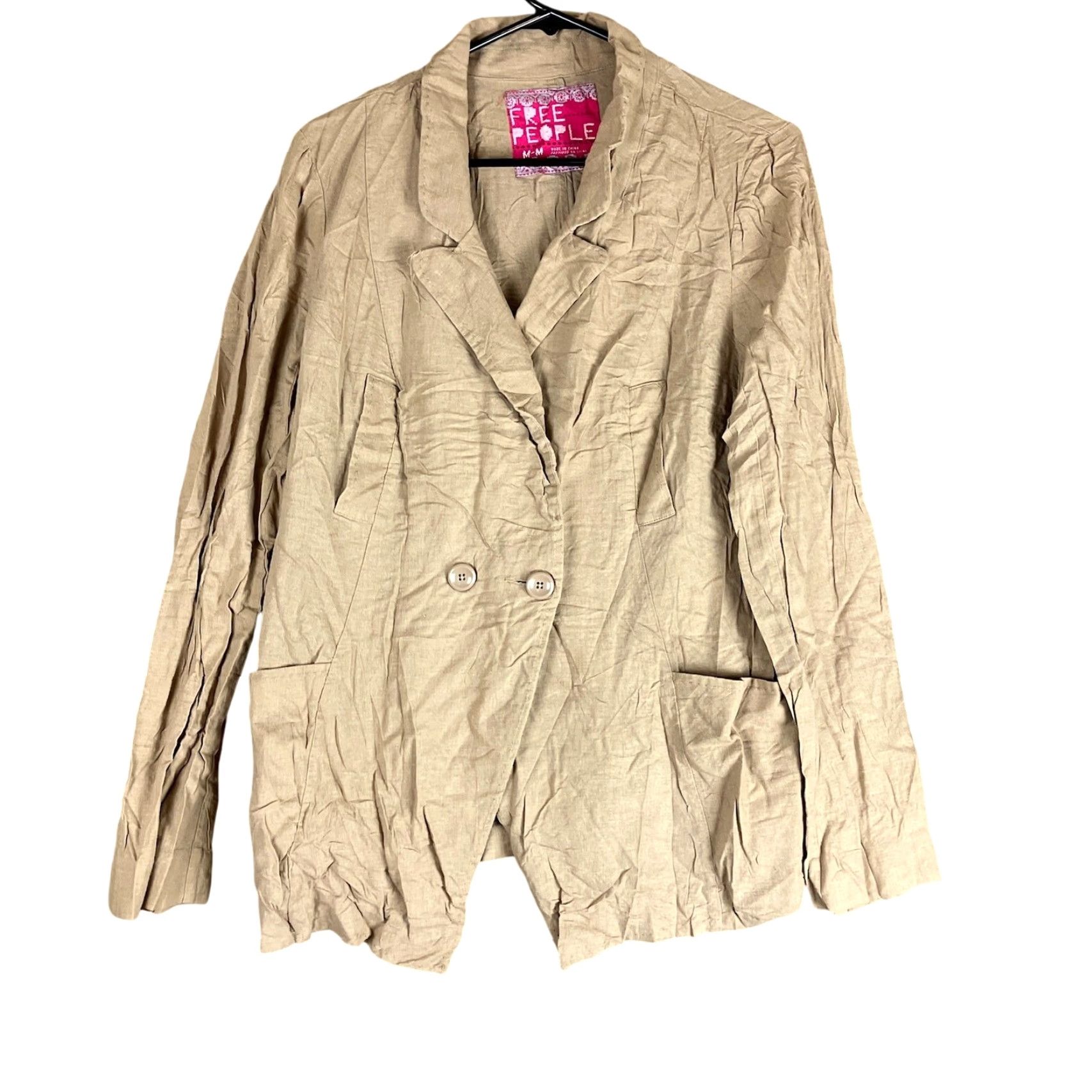 Free People Free People Jacket Tan Button Down Long Sleeve Linen Blend Medium Womens Jacket Size M / US 6-8 / IT 42-44 - 2 Thumbnail