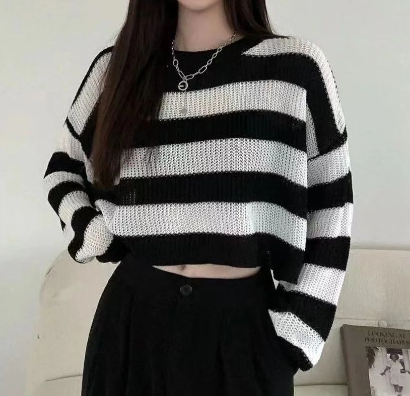 Japanese Brand × Vintage Y2K Vtg Design Cropped Sweater Knitted Stripe Grunge Ladies Size M / US 6-8 / IT 42-44 - 2 Thumbnail