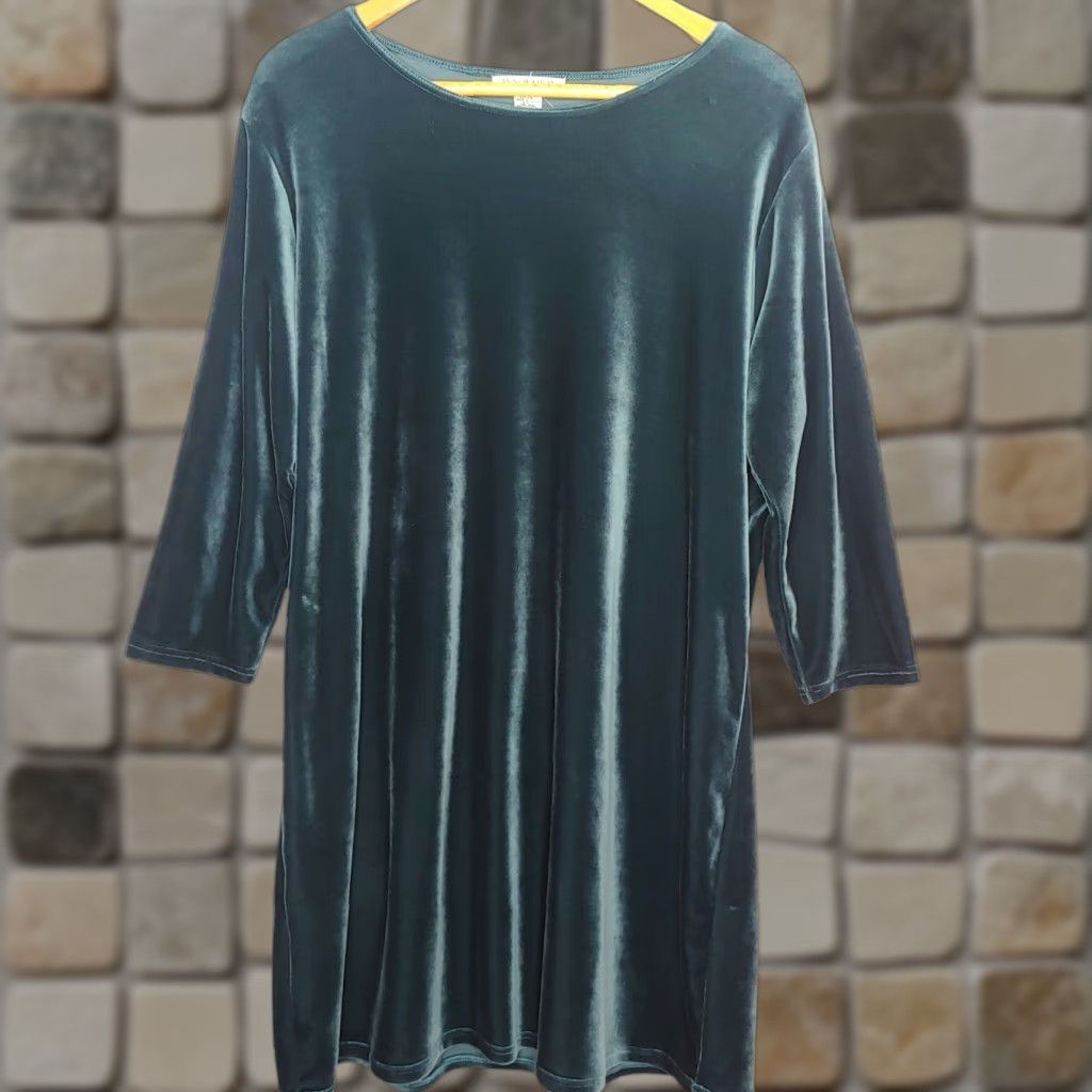 Velour VINTAGE Innovation Sport II Womens Plus Dress Knee Length Velour Green/Blue Long Sleeve Scoop Neck Pullover Stretch 2X Holiday Formal Casual Size XXL / US 16-18 / IT 52-54 - 1 Thumbnail