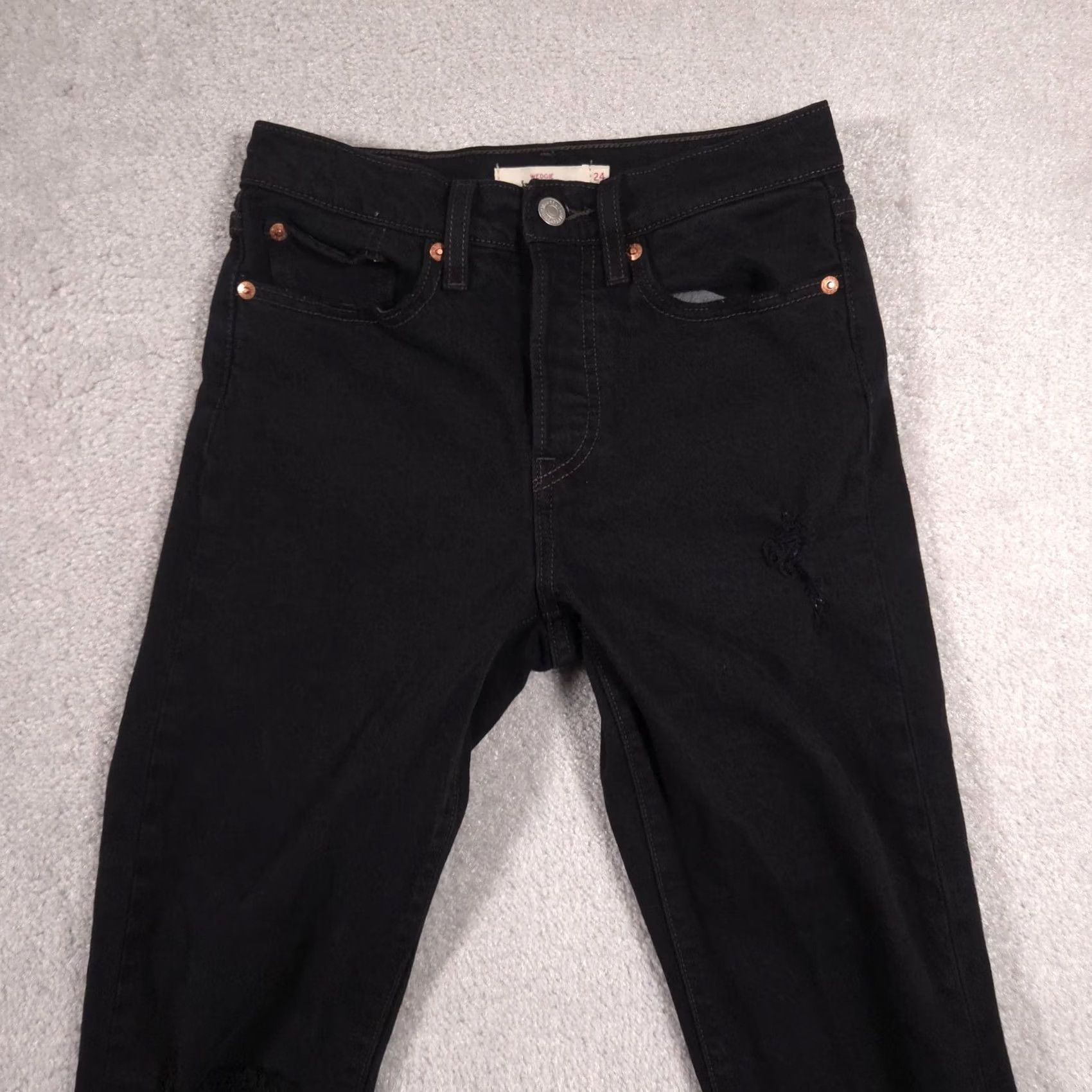 Levi's Levi's Wedgie Jeans Womens 24 Black High Rise Tapered Distressed Denim Raw Hem Jeans Women 24 Slim Straight 27in Inseam Size 42" / US 20 - 4 Thumbnail