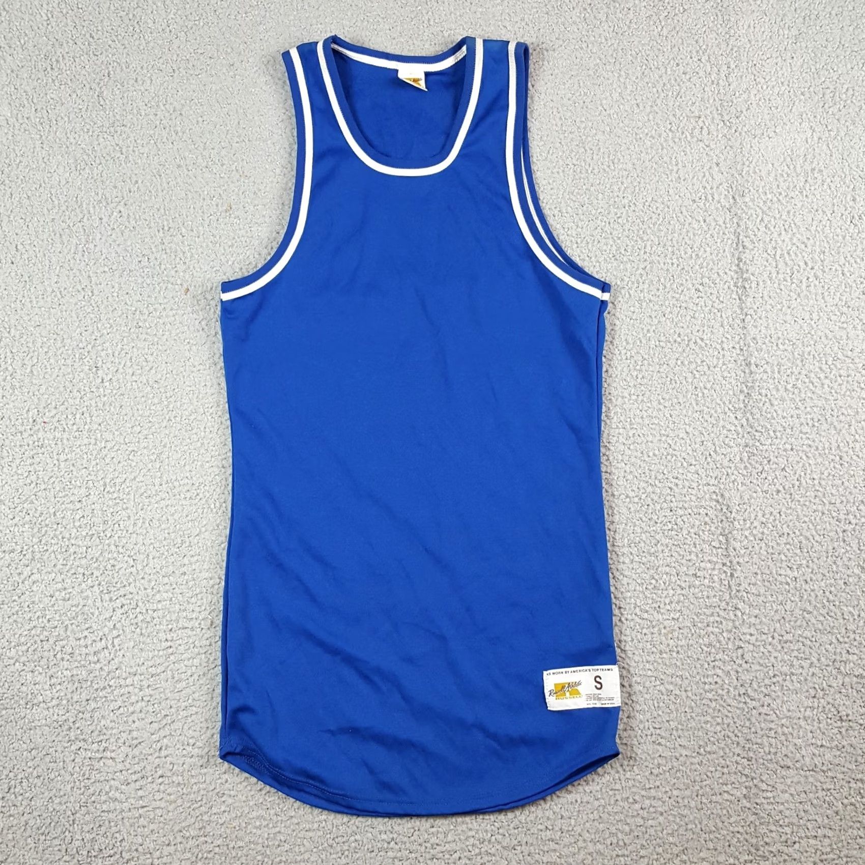 Russell Athletic VINTAGE Russell Basketball Jersey Mens XS Sleeveless T-Shirt Blue Embroidered Logo 80s 90s Retro Vintage Shirt Size US XS / EU 42 / 0 - 2 Thumbnail