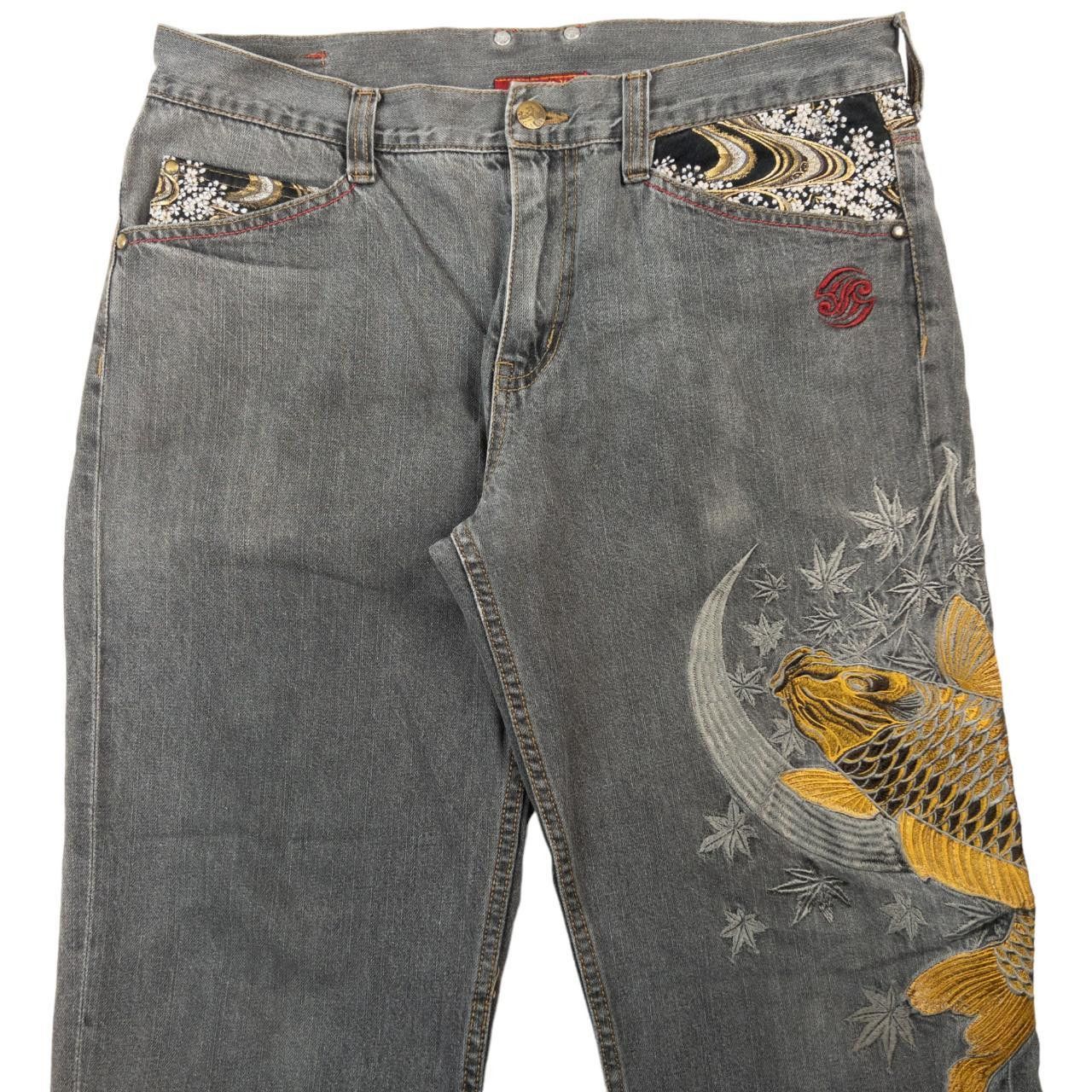 Vintage Koi Fish Japanese Embroidered Denim Jeans Size W34